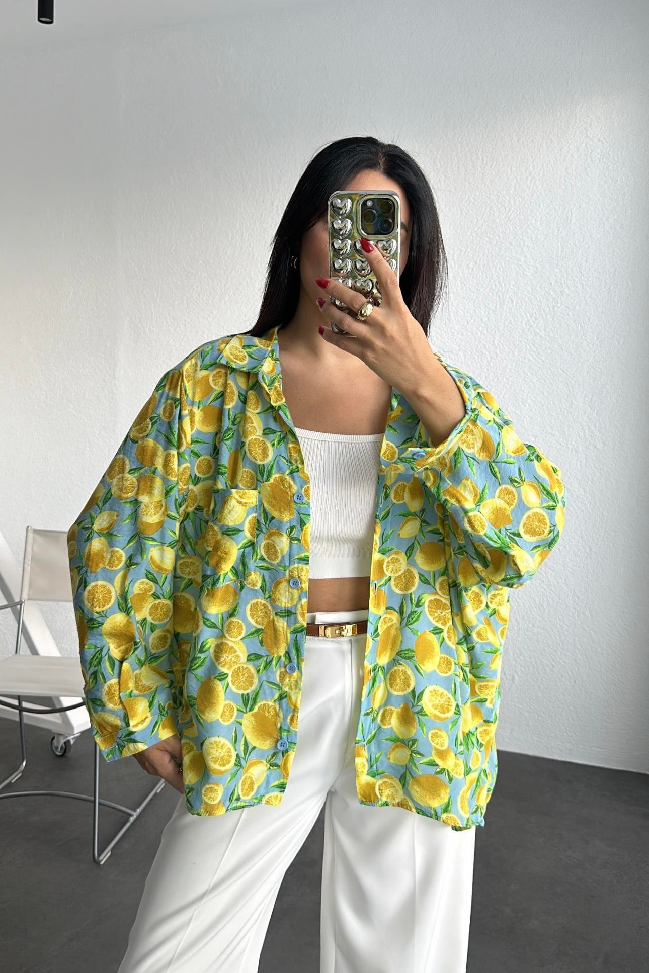 Limon Desen Tensel Oversize Gömlek