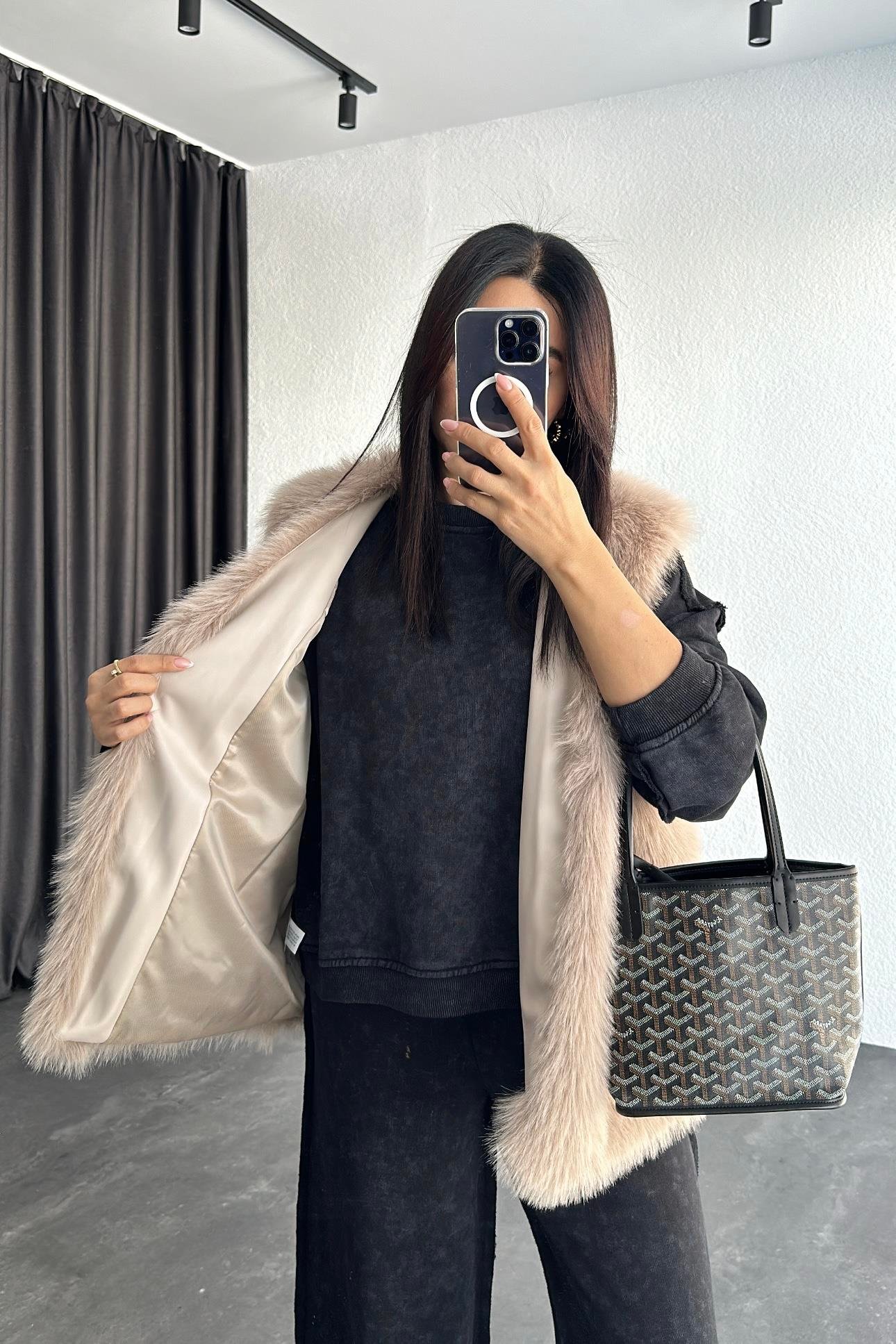 Lüx Kalite İçi Deri Detaylı Astarlı Kürk Yelek 