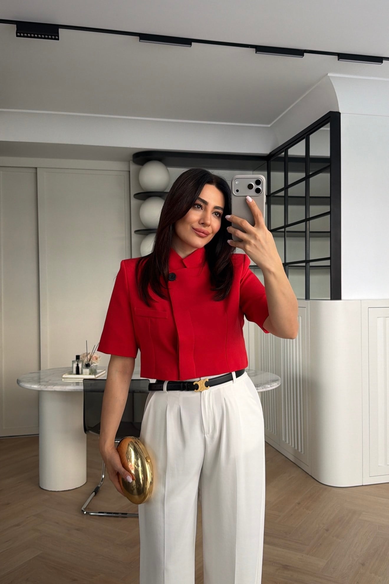 MANDARİN YAKA TEK DÜĞMELİ CROP BLAZER KIRMIZI 