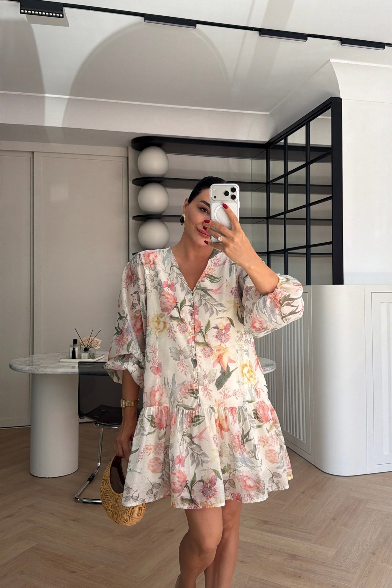 MARKA MODEL BALON KOL ÇİÇEK DESENLİ ELBİSE KREM 