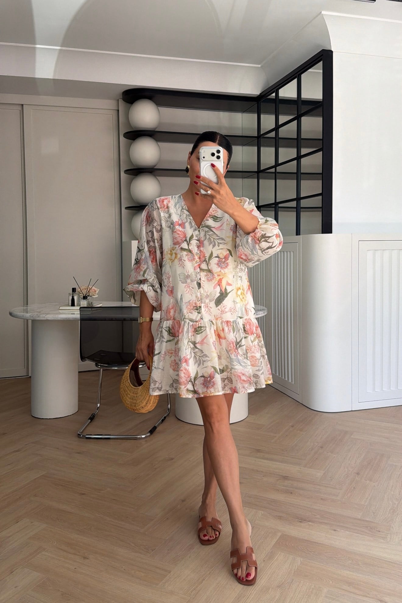 MARKA MODEL BALON KOL ÇİÇEK DESENLİ ELBİSE KREM 
