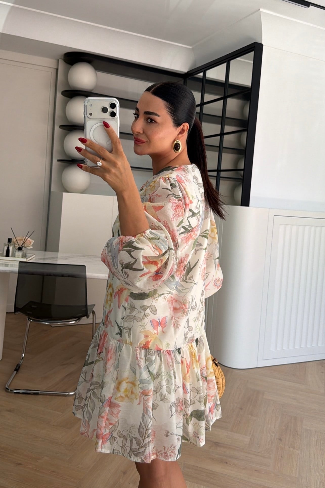 MARKA MODEL BALON KOL ÇİÇEK DESENLİ ELBİSE KREM 