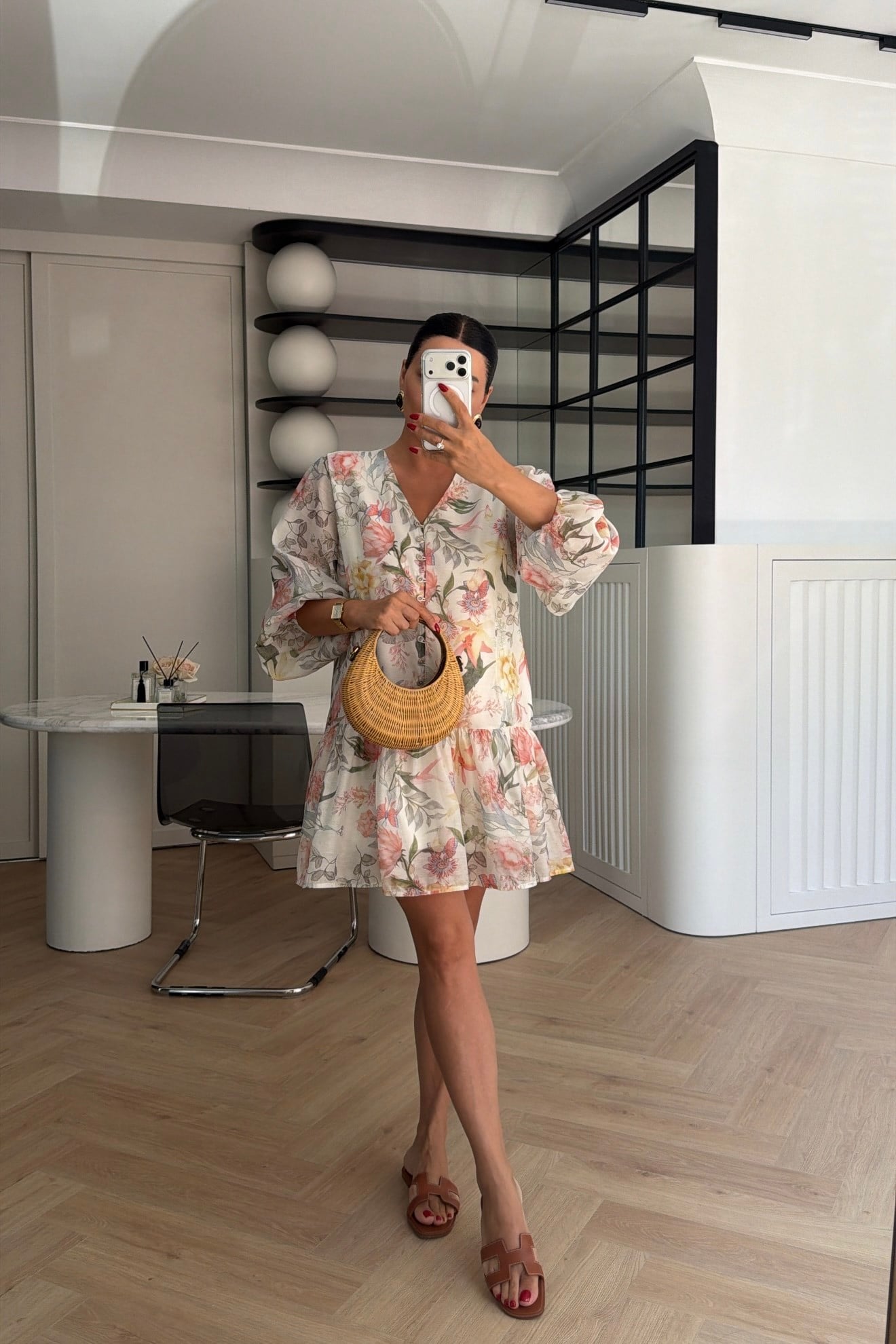 MARKA MODEL BALON KOL ÇİÇEK DESENLİ ELBİSE KREM 