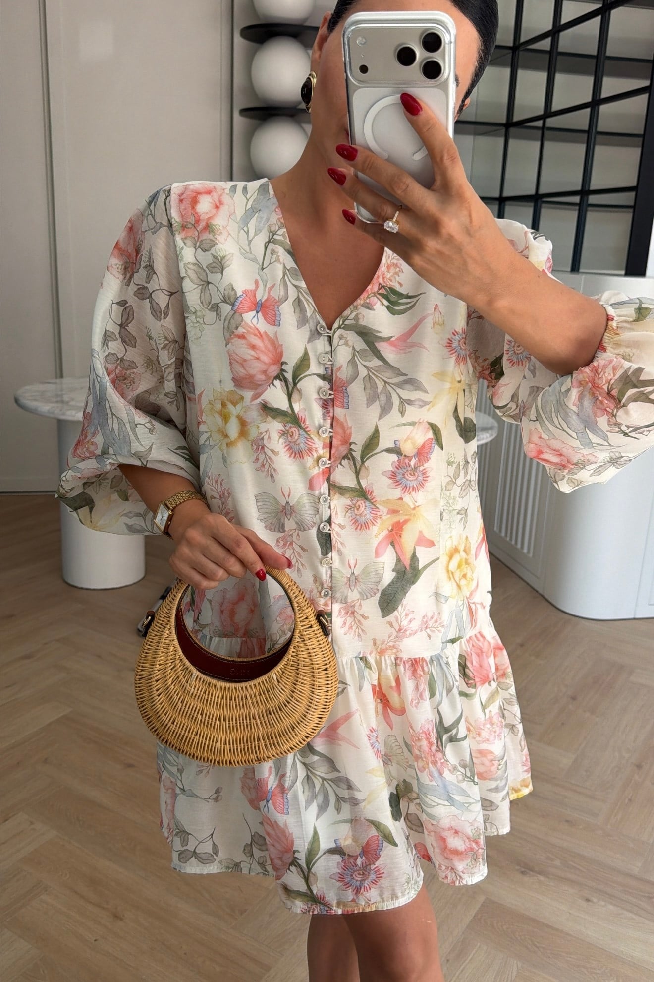 MARKA MODEL BALON KOL ÇİÇEK DESENLİ ELBİSE KREM 