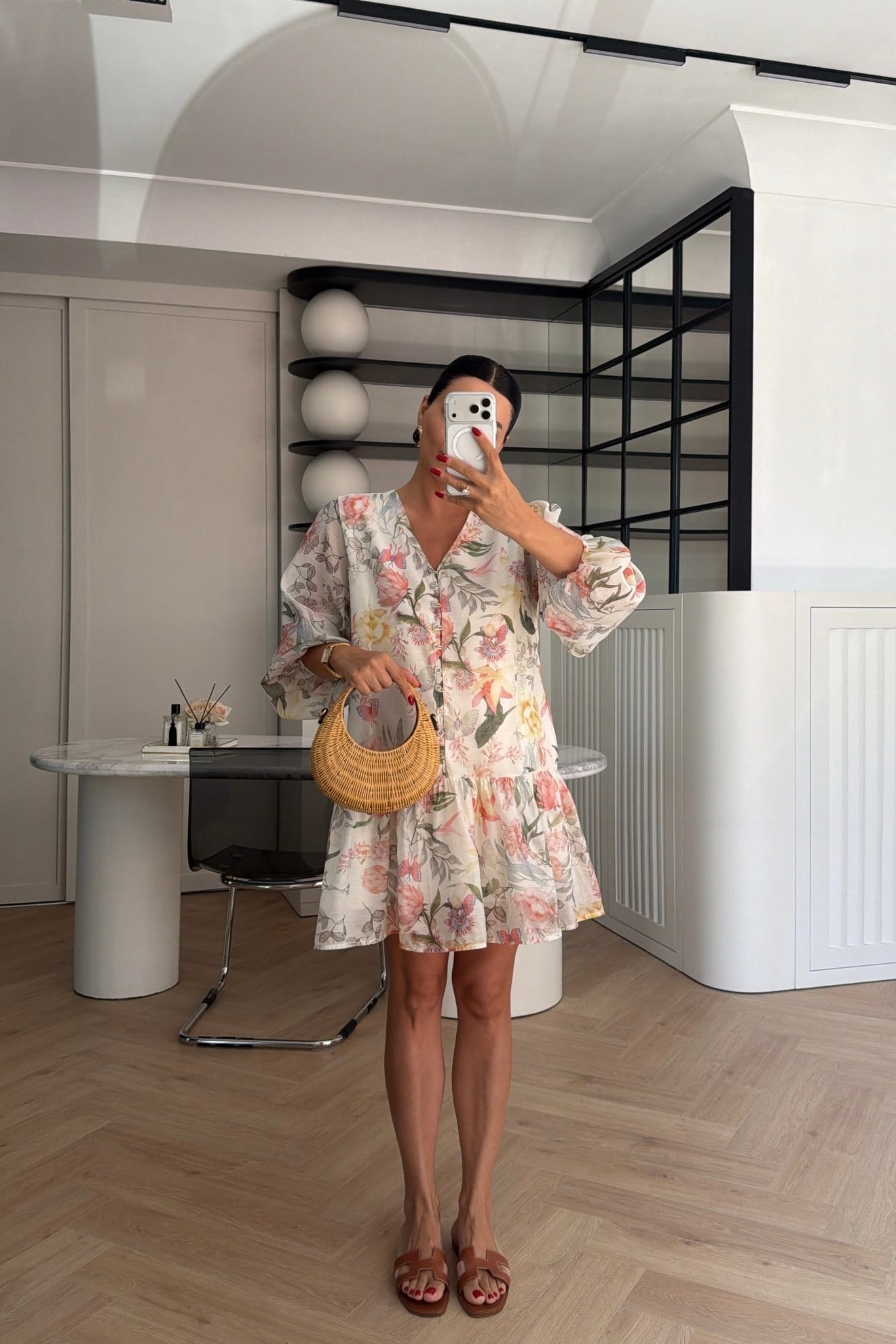 MARKA MODEL BALON KOL ÇİÇEK DESENLİ ELBİSE KREM 