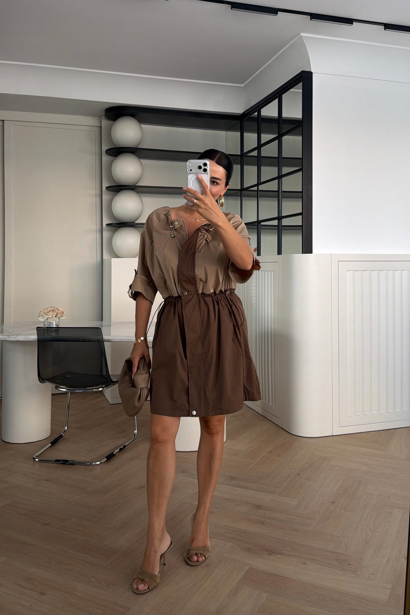 MARKA MODEL GARNİLİ ELBİSE KAHVE CAMEL 