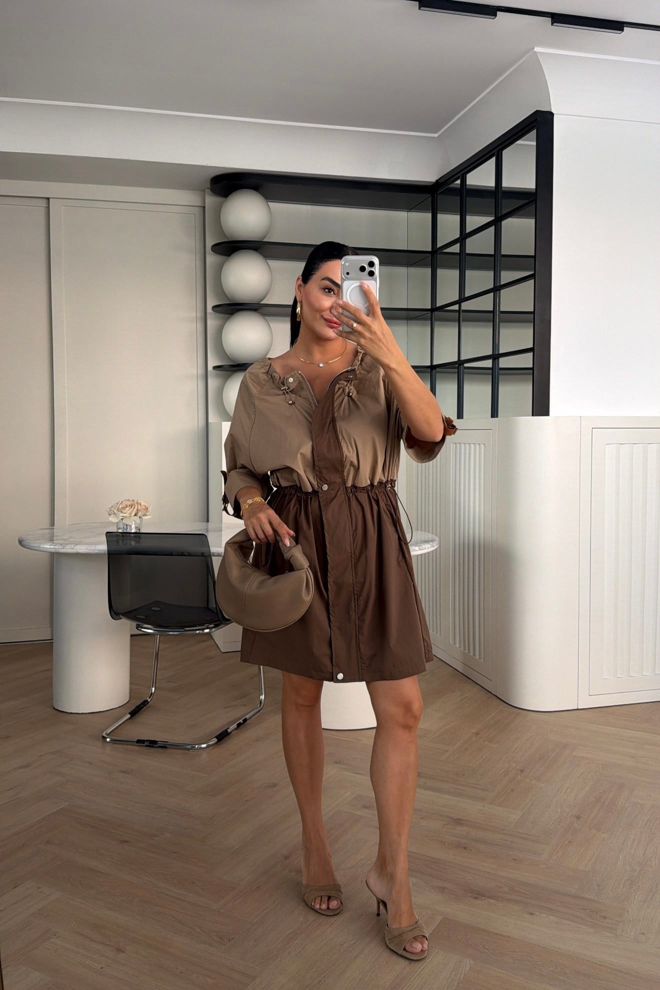 MARKA MODEL GARNİLİ ELBİSE KAHVE CAMEL 