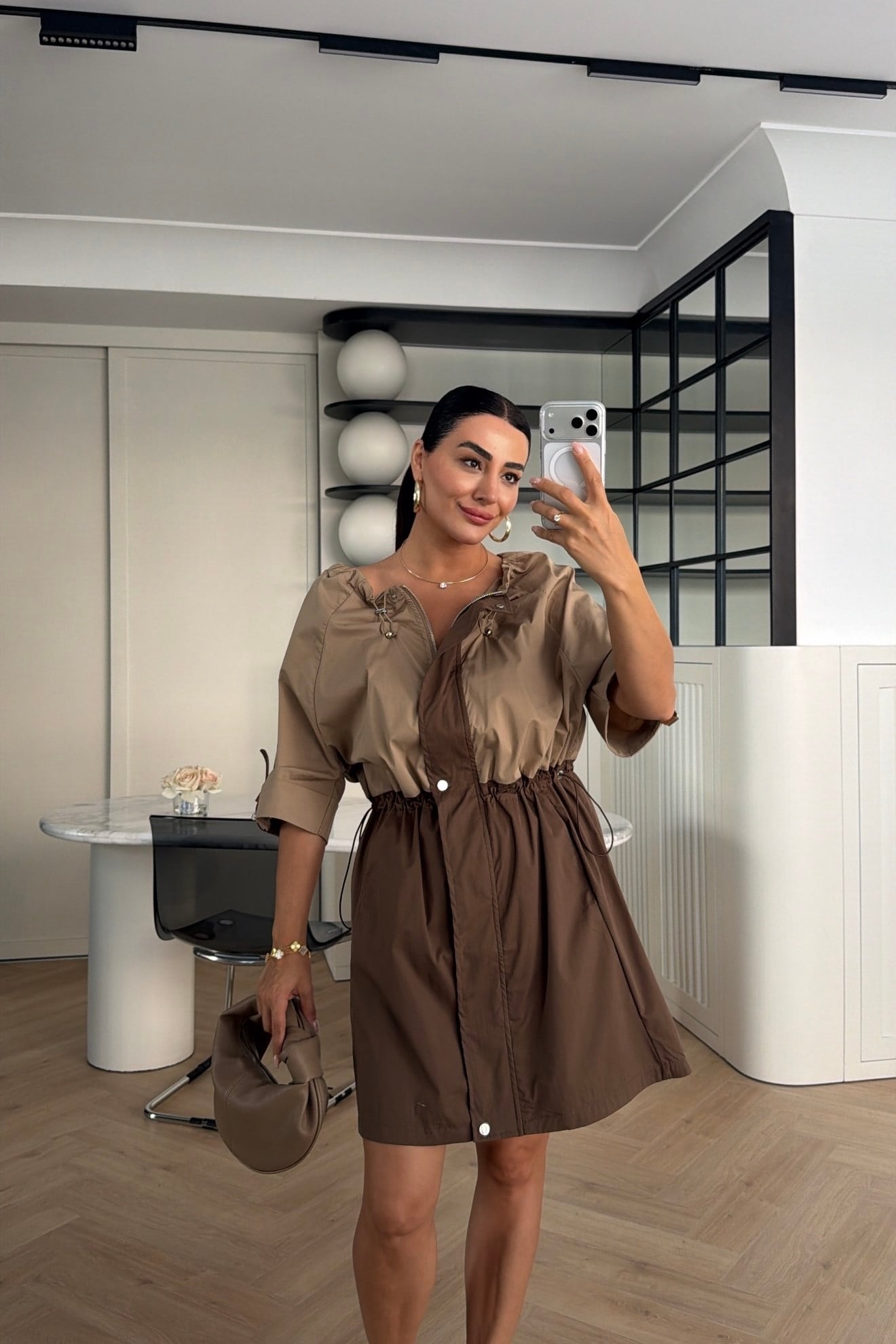 MARKA MODEL GARNİLİ ELBİSE KAHVE CAMEL 
