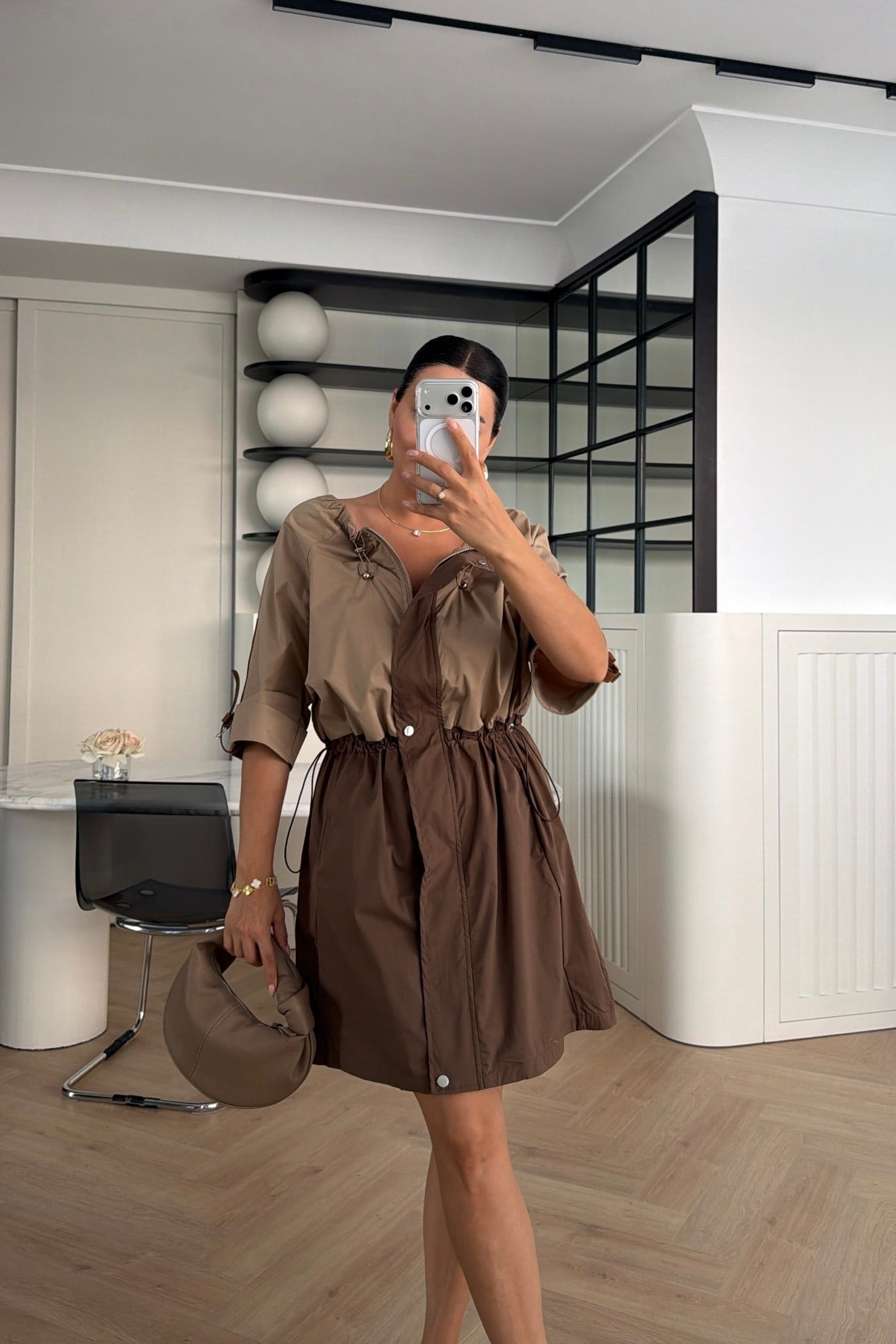 MARKA MODEL GARNİLİ ELBİSE KAHVE CAMEL 