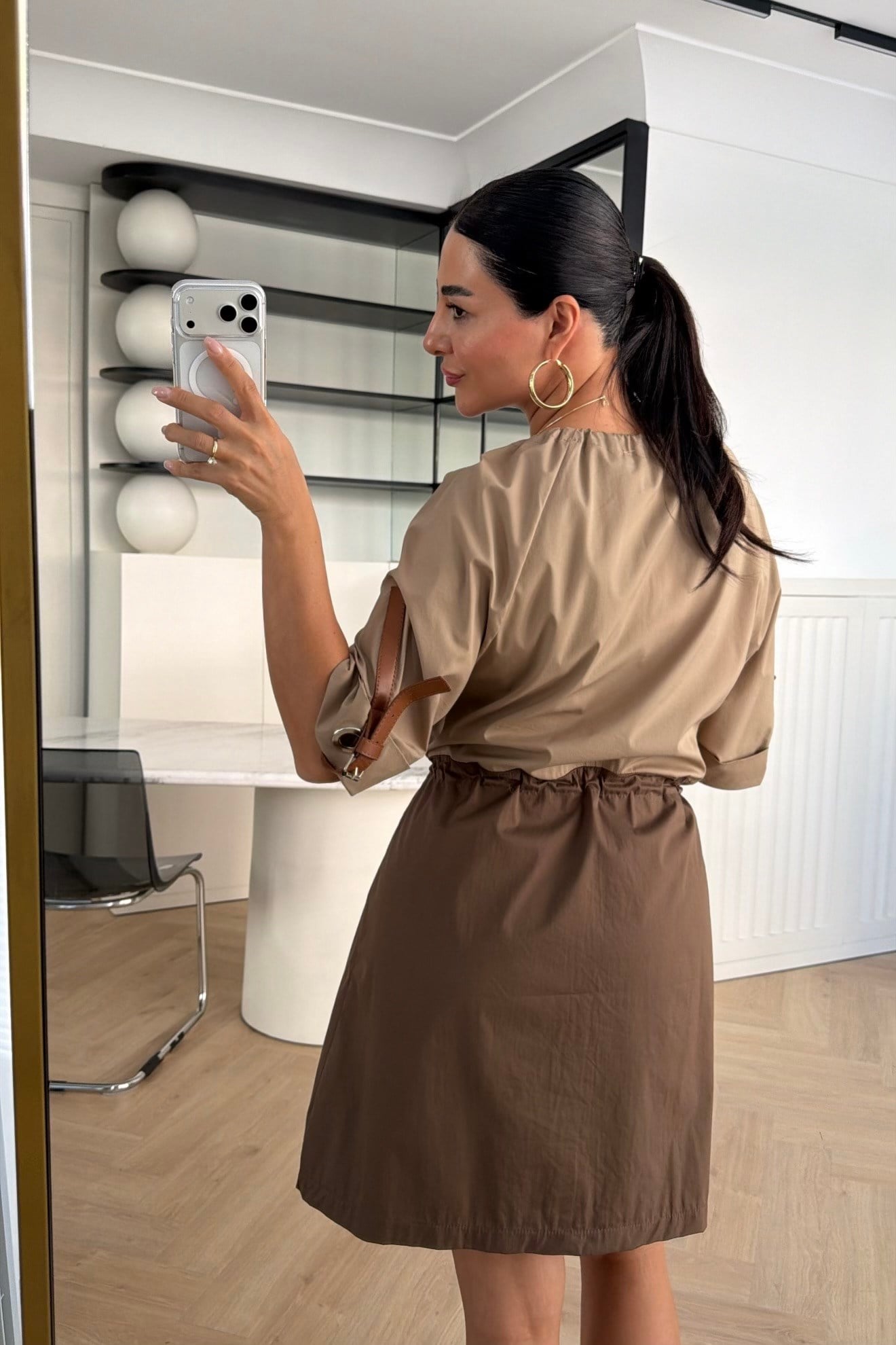 MARKA MODEL GARNİLİ ELBİSE KAHVE CAMEL 