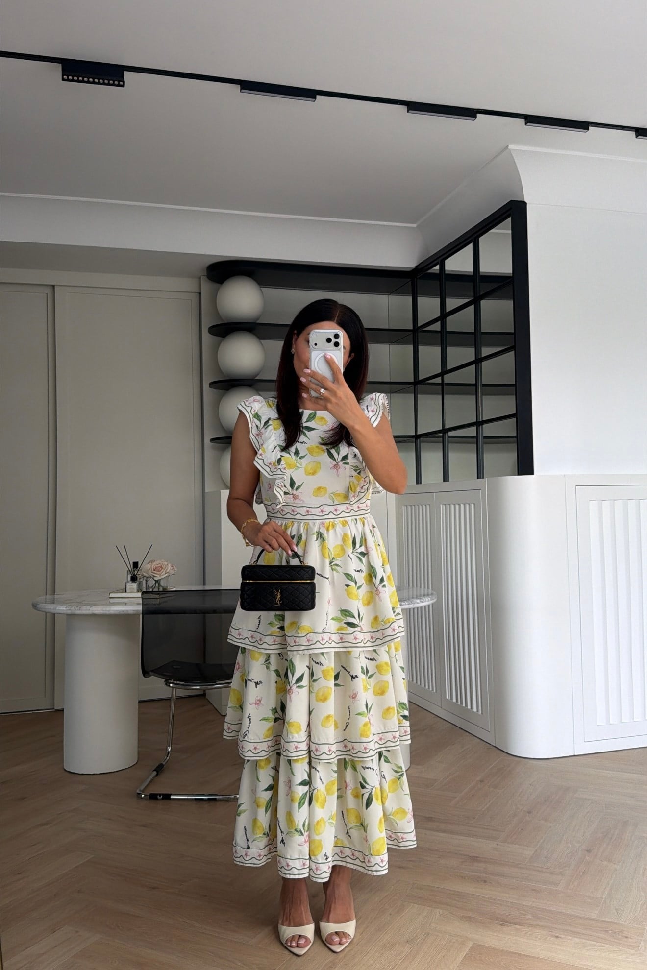 MARKA MODEL KATLI PREMIUM LİMONLU  ELBİSE BEYAZ