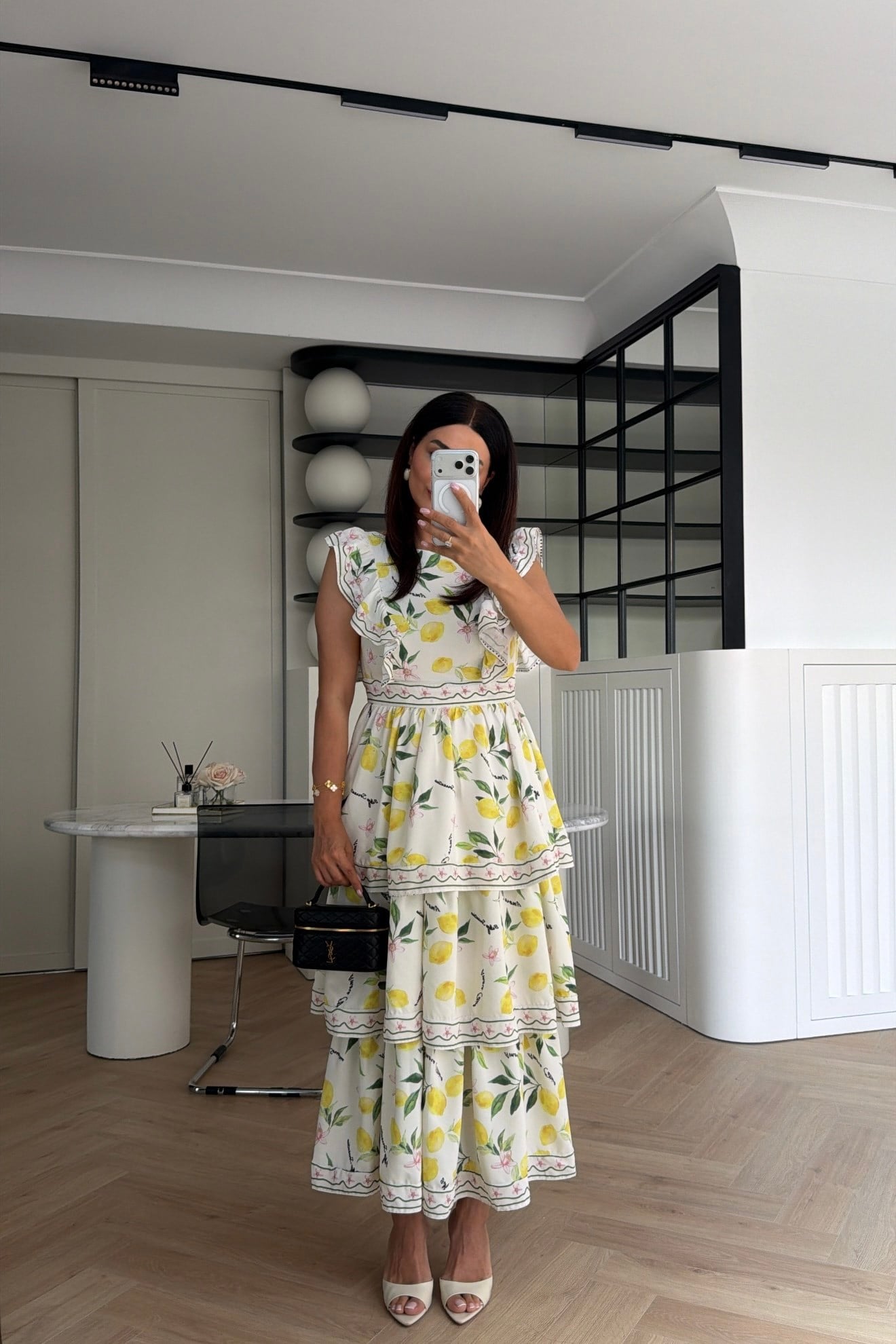 MARKA MODEL KATLI PREMIUM LİMONLU  ELBİSE BEYAZ