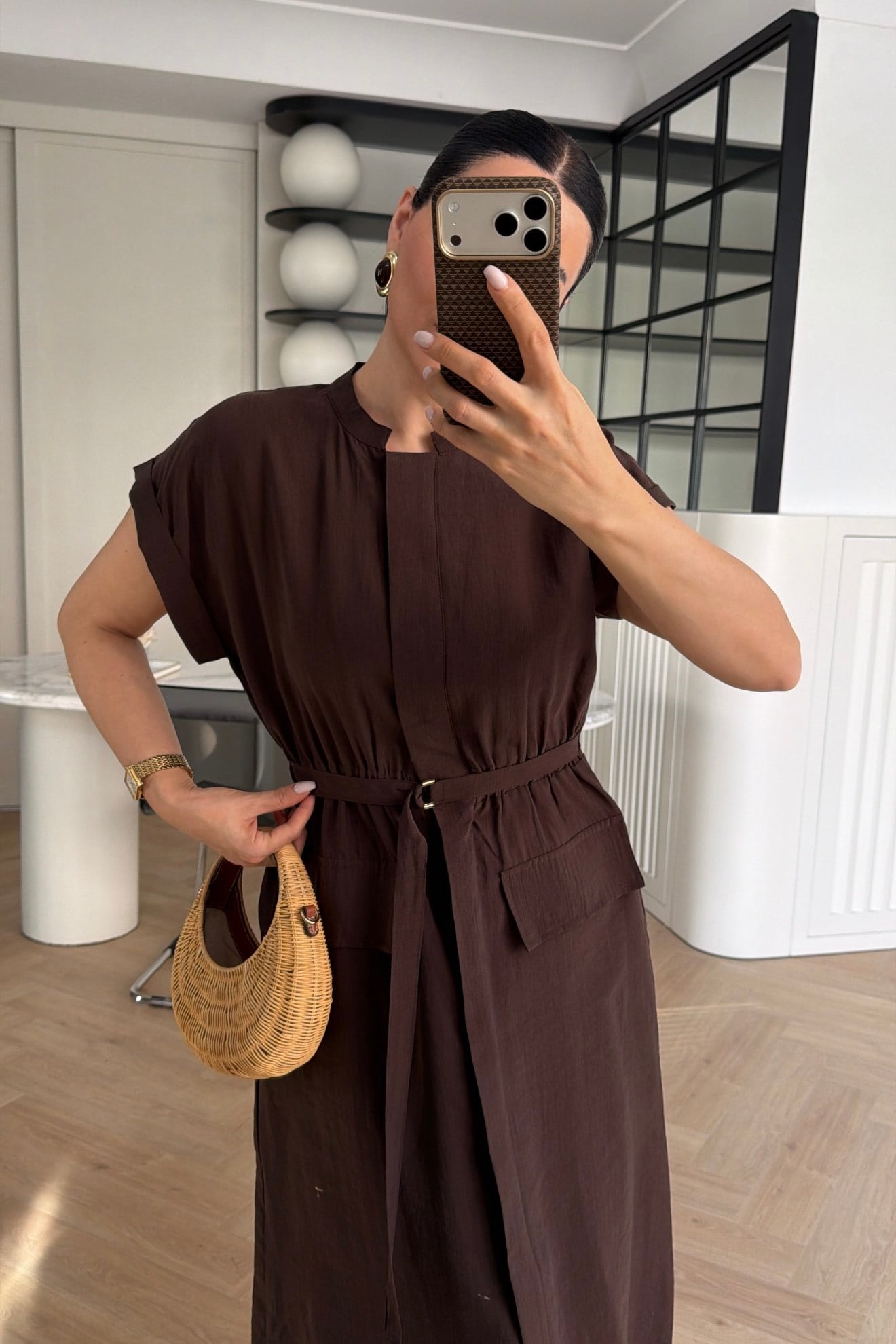 MARKA MODEL KEMERLİ CEP DETAYLI MİDİ ELBİSE KAHVE