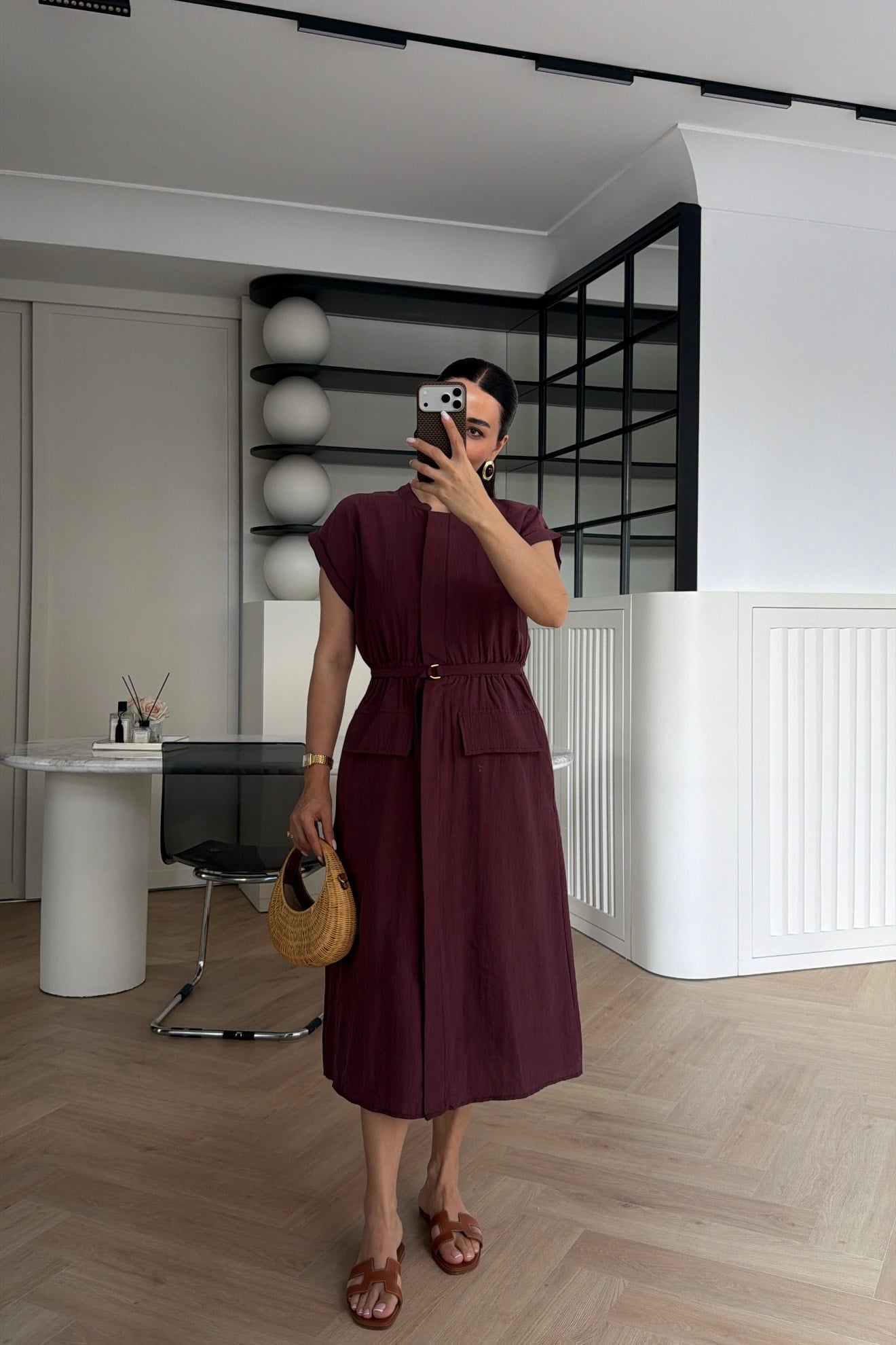 MARKA MODEL KEMERLİ CEP DETAYLI MİDİ ELBİSE MÜRDÜM  