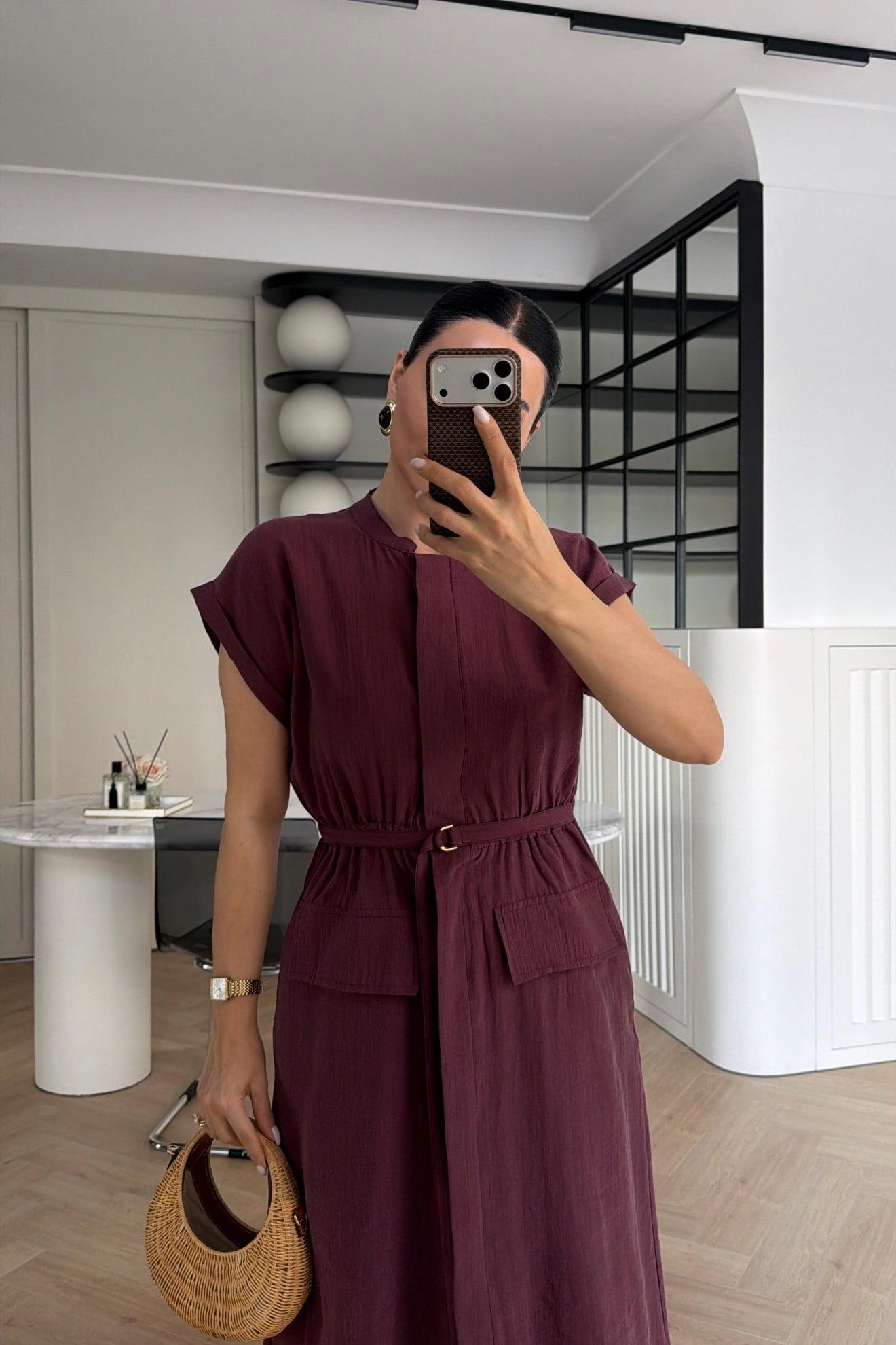 MARKA MODEL KEMERLİ CEP DETAYLI MİDİ ELBİSE MÜRDÜM  