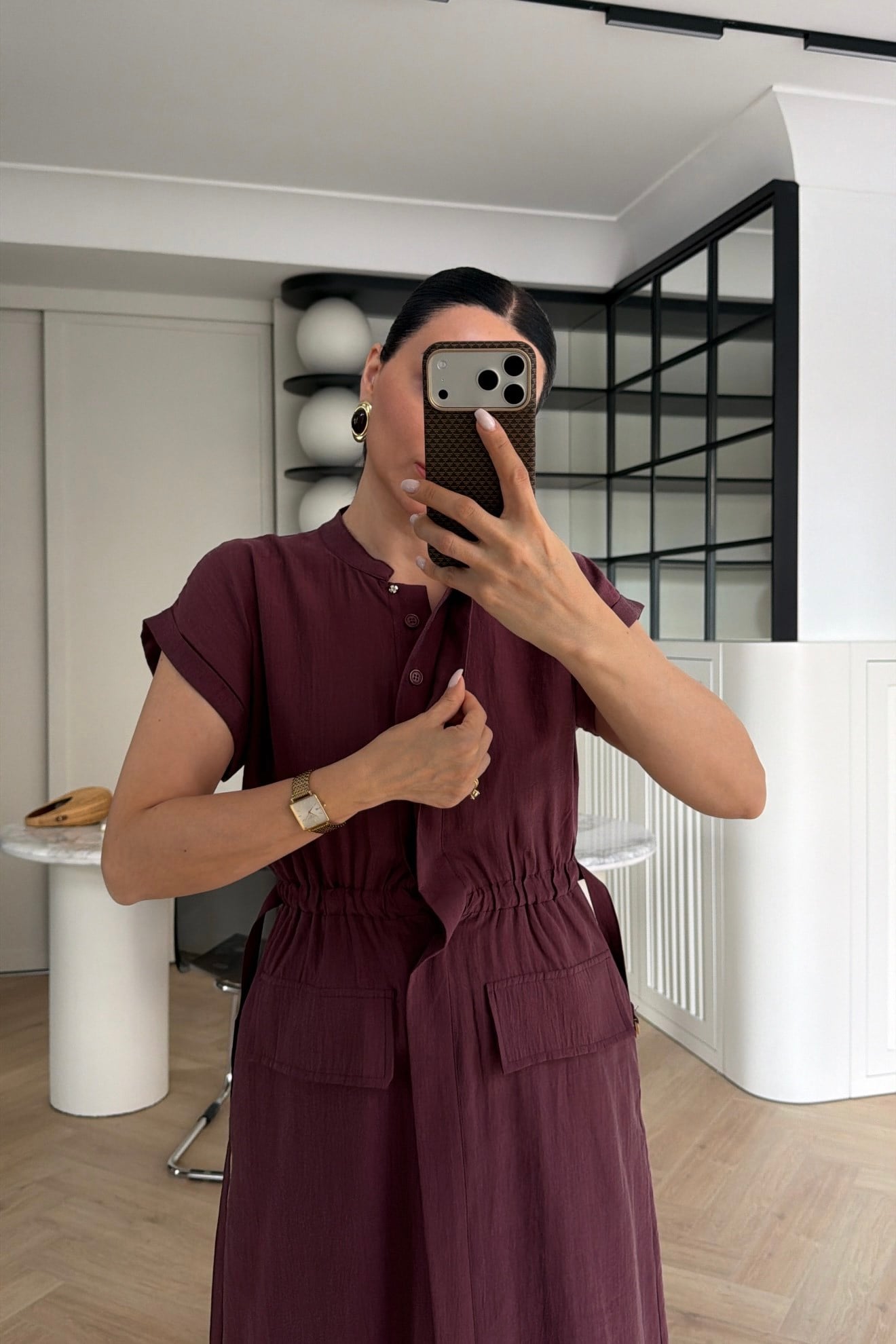 MARKA MODEL KEMERLİ CEP DETAYLI MİDİ ELBİSE MÜRDÜM  