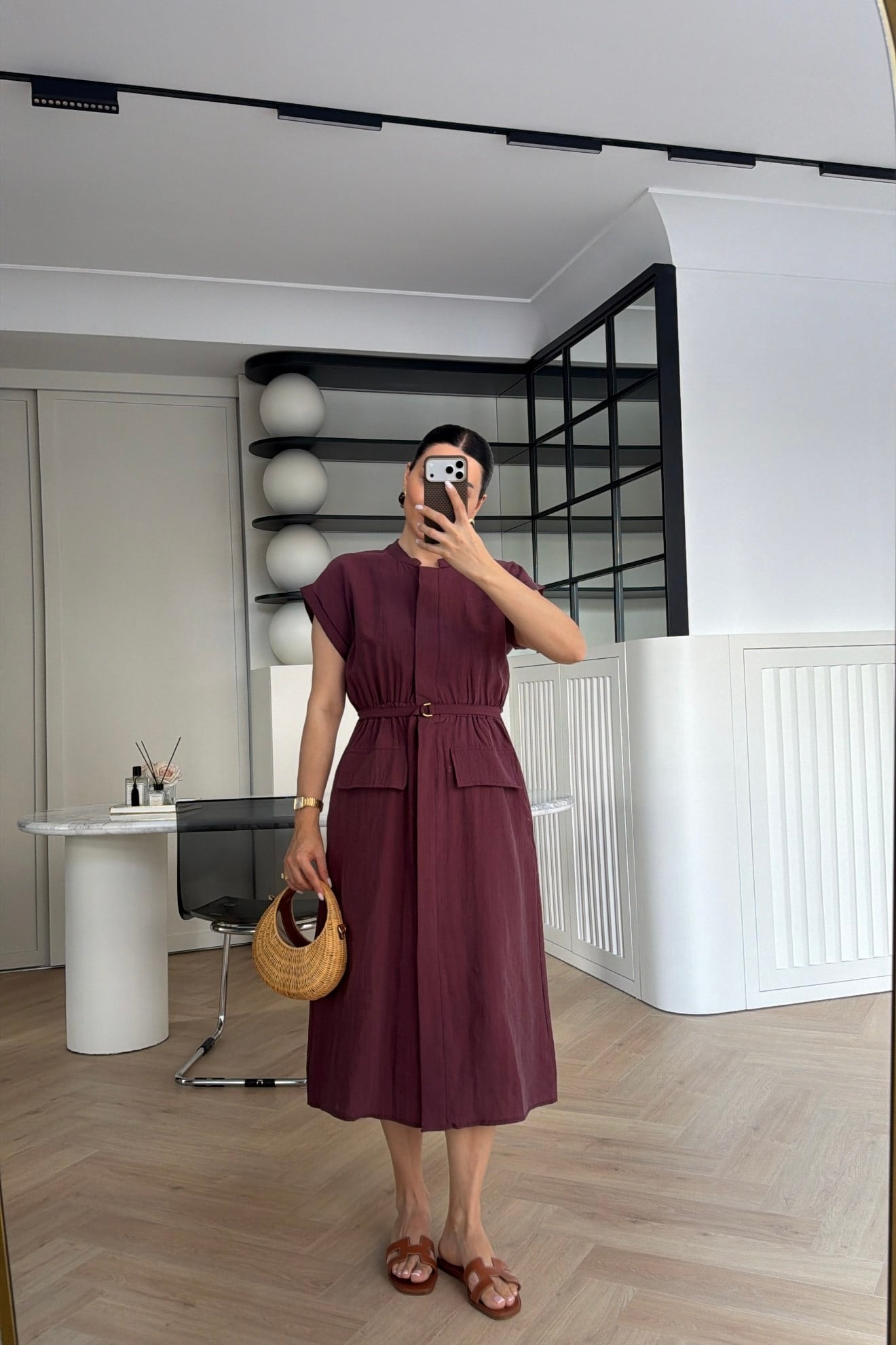 MARKA MODEL KEMERLİ CEP DETAYLI MİDİ ELBİSE MÜRDÜM  