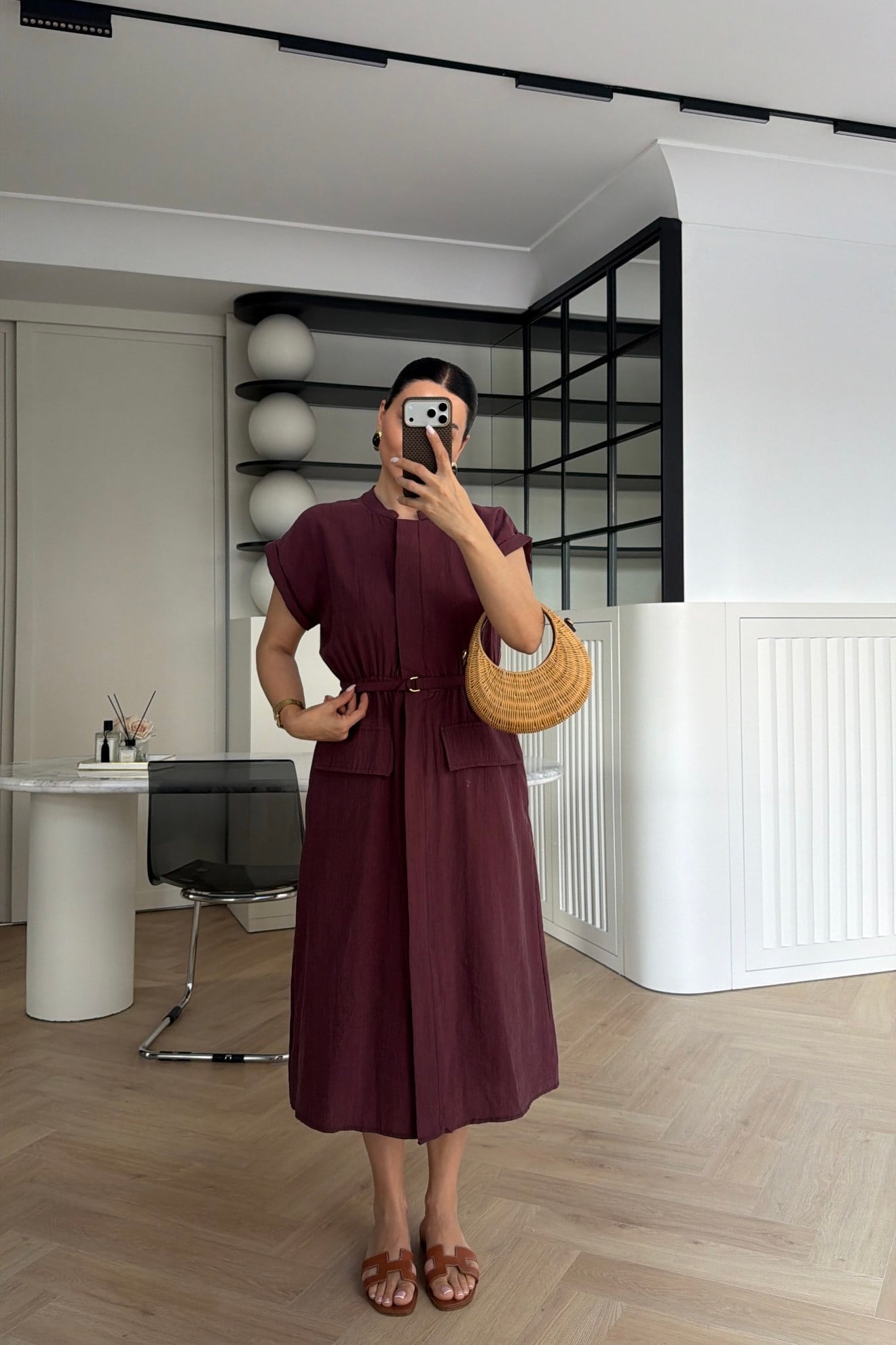 MARKA MODEL KEMERLİ CEP DETAYLI MİDİ ELBİSE MÜRDÜM  