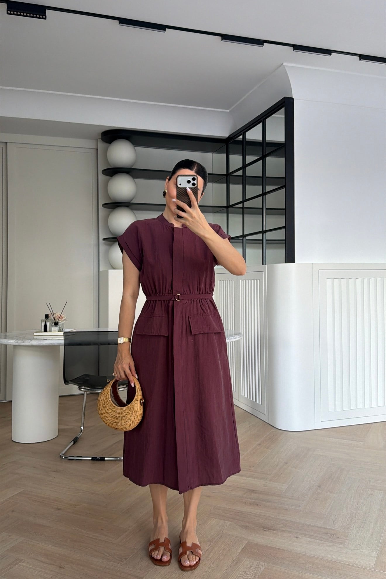 MARKA MODEL KEMERLİ CEP DETAYLI MİDİ ELBİSE MÜRDÜM  