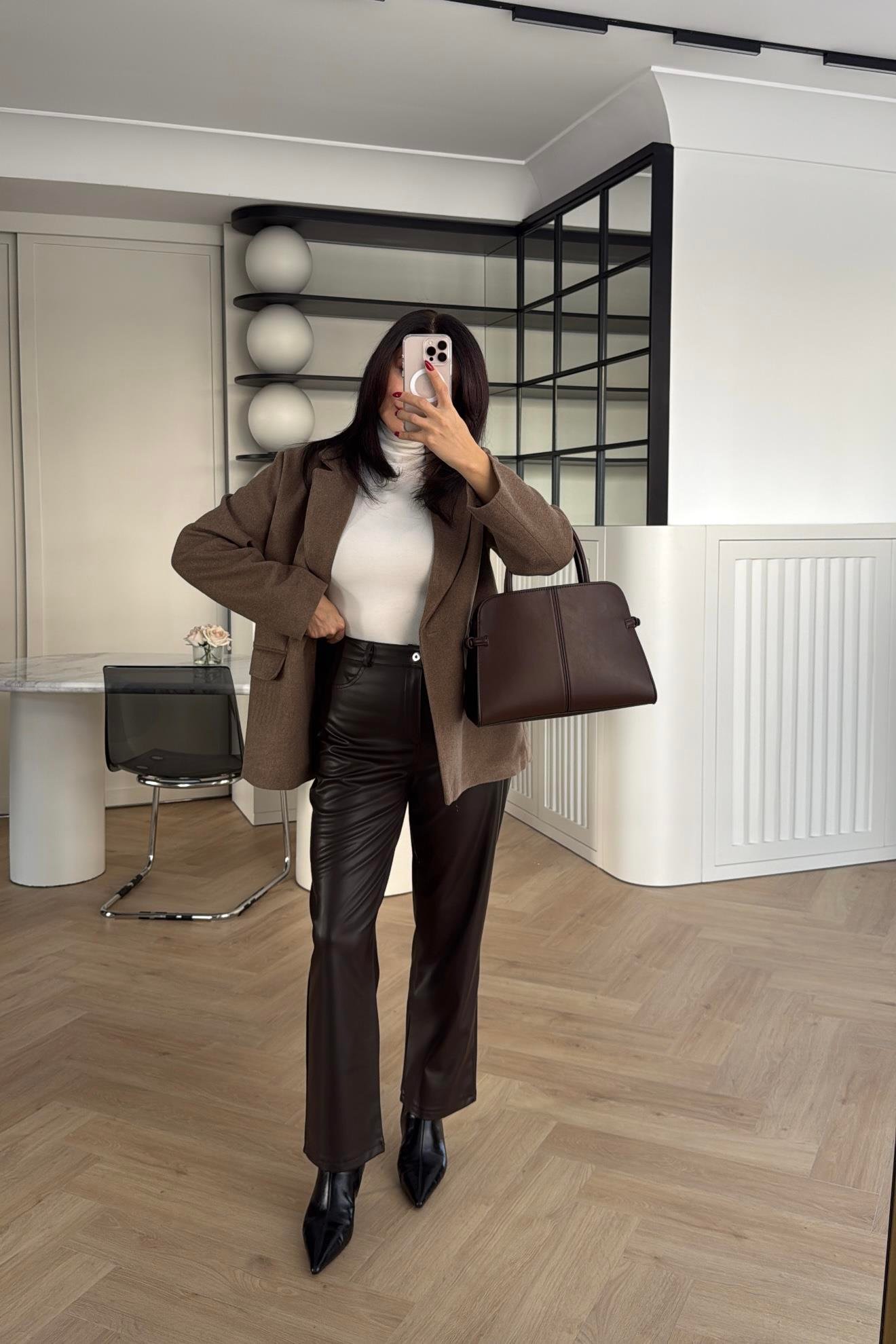 MARKA MODEL YÜKSEK BEL KAHVERENGİ DERİ PANTOLON