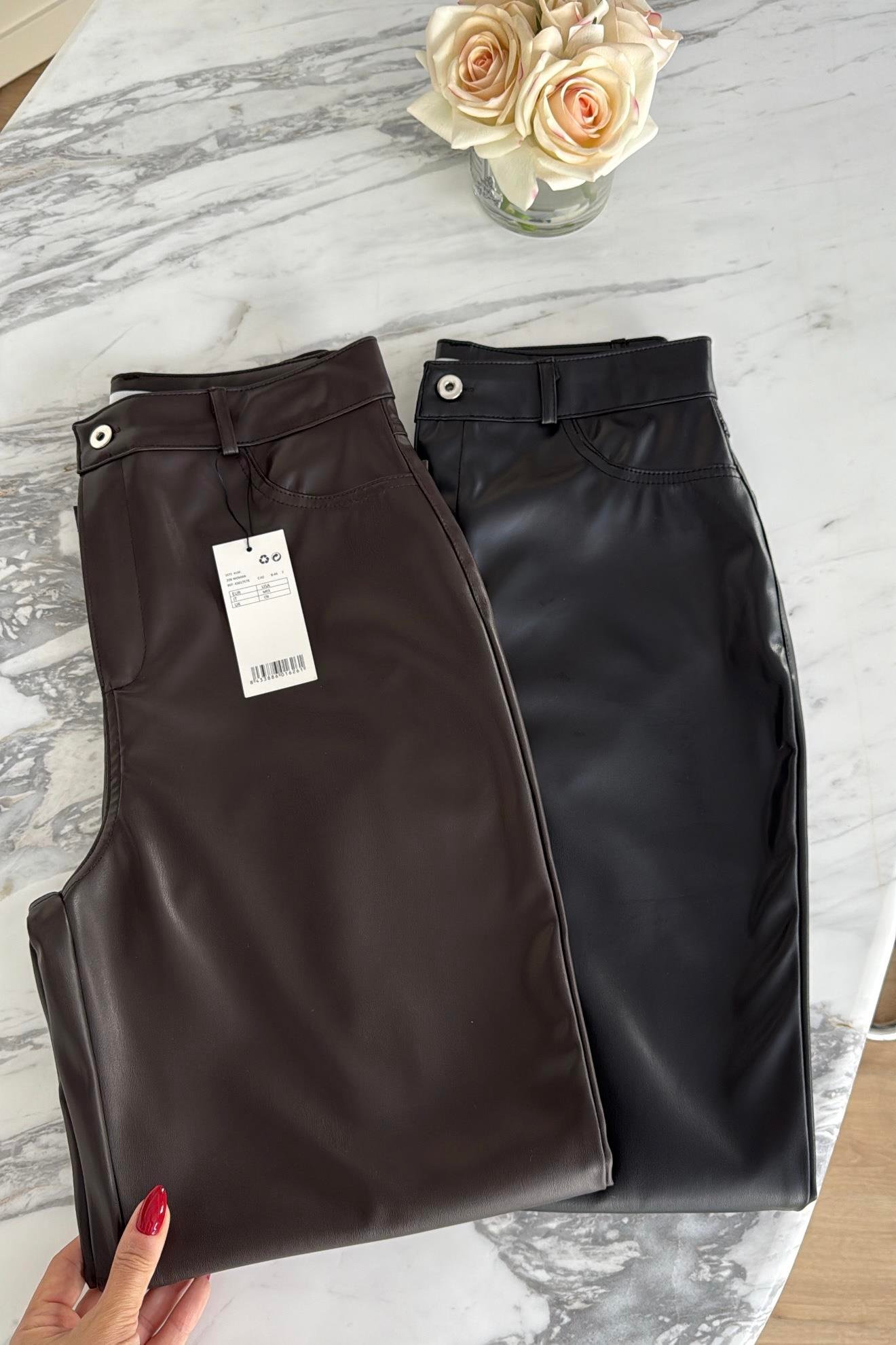 MARKA MODEL YÜKSEK BEL KAHVERENGİ DERİ PANTOLON