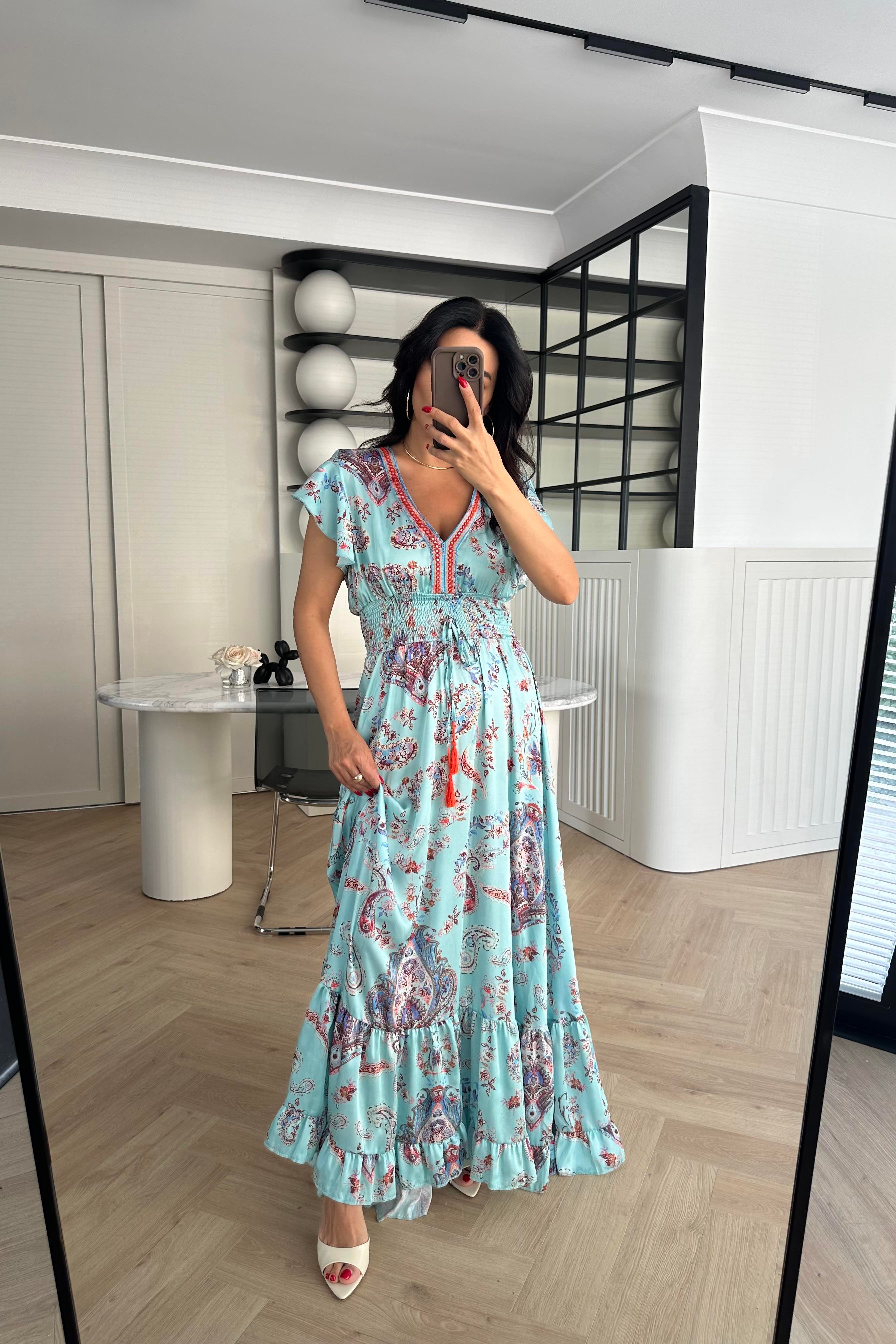 Mavi Desenli Maxi Elbise 