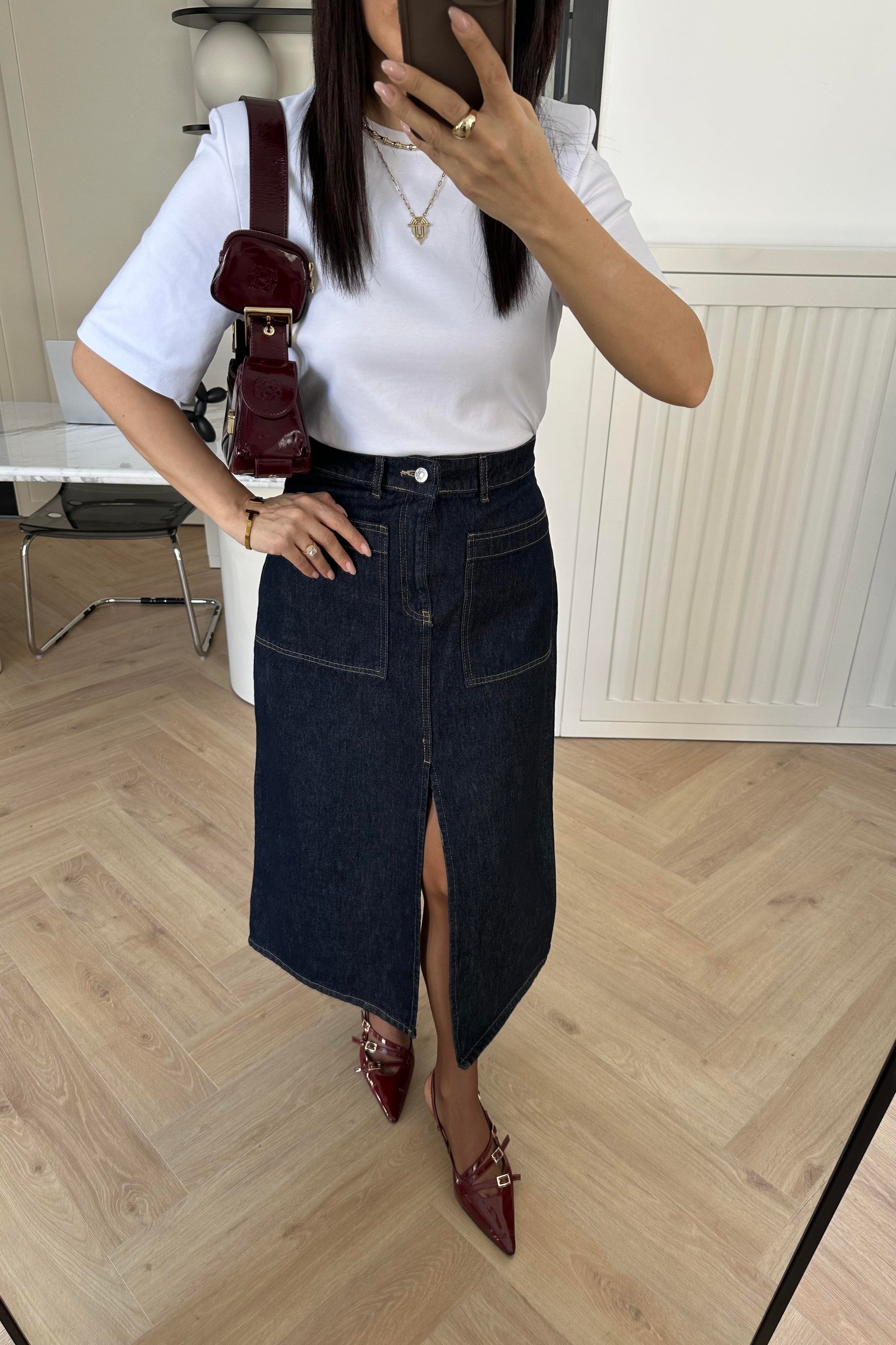 Midi Boy Yırtmaçlı Denim Etek