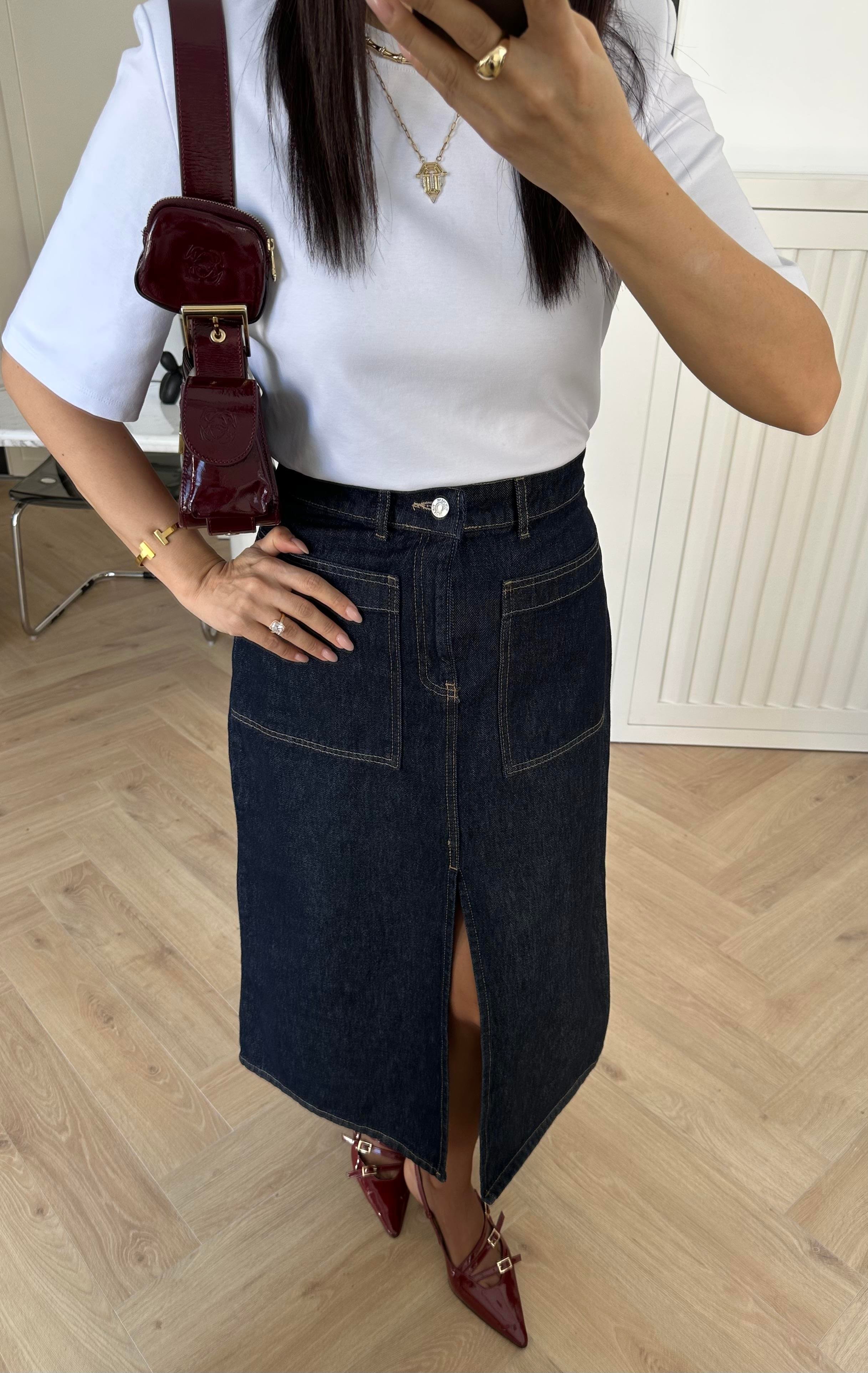 Midi Boy Yırtmaçlı Denim Etek