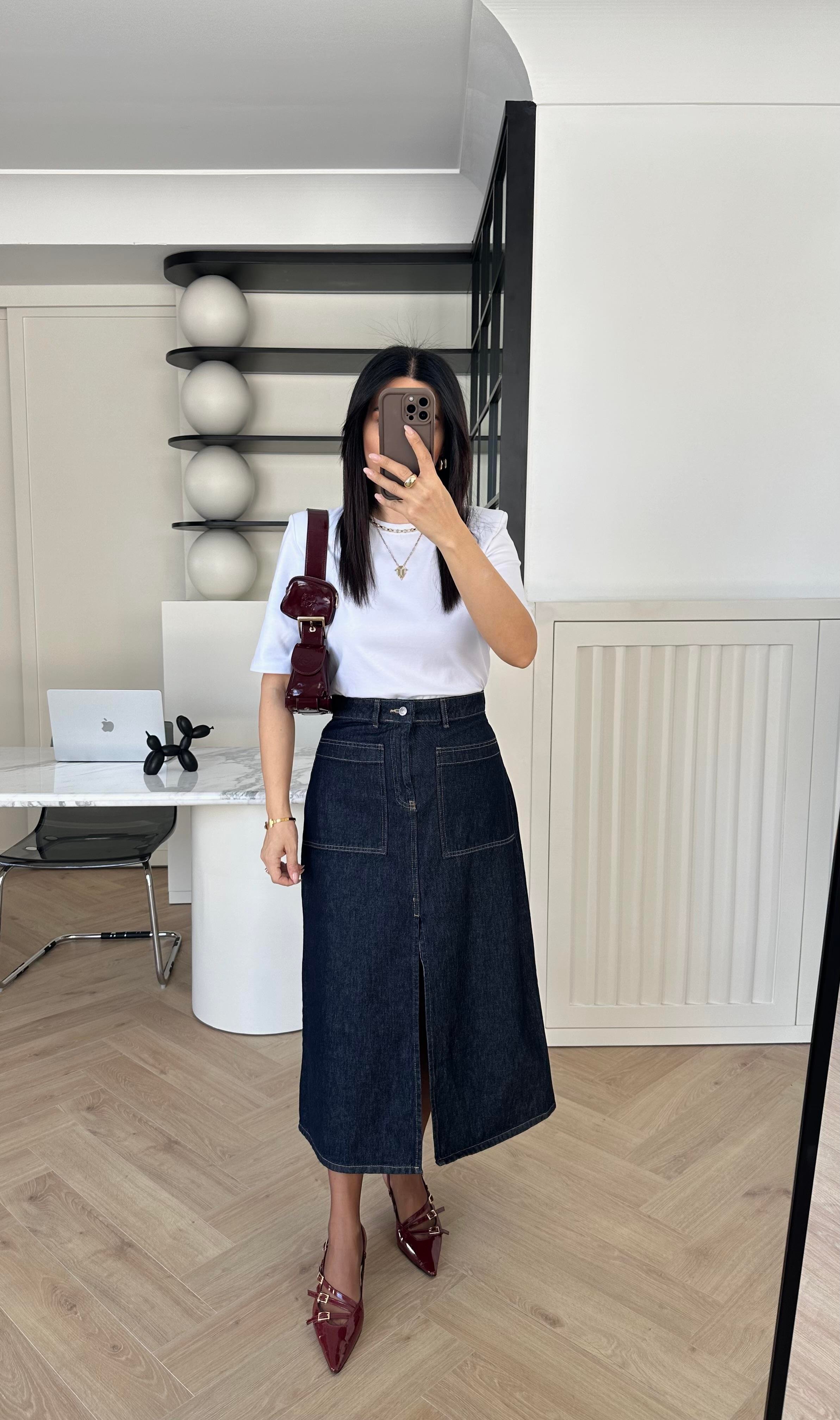 Midi Boy Yırtmaçlı Denim Etek