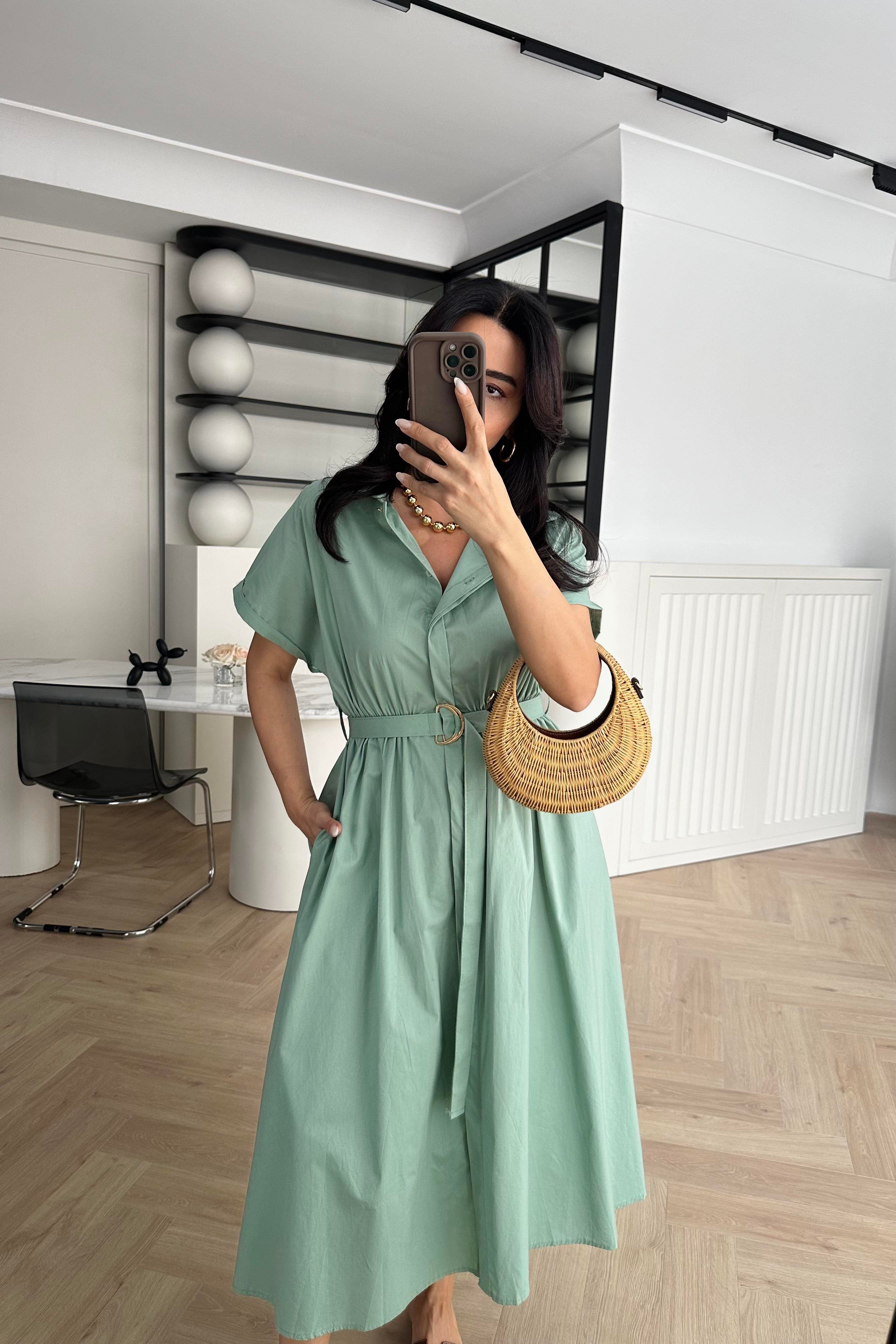Mint Cep Detaylı Kemerli Gömlek Elbise