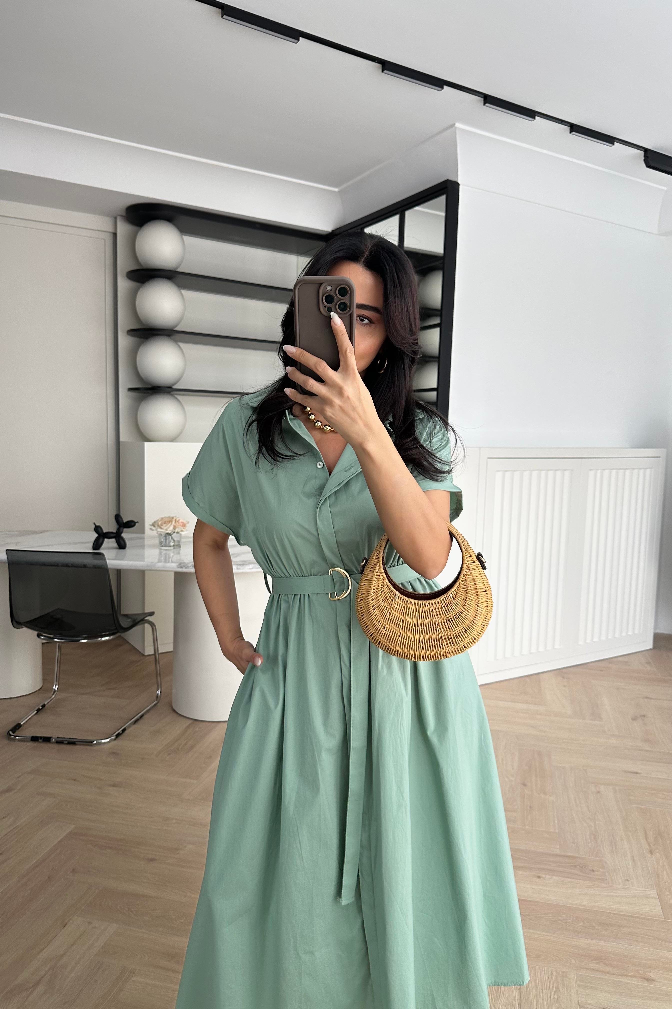 Mint Cep Detaylı Kemerli Gömlek Elbise