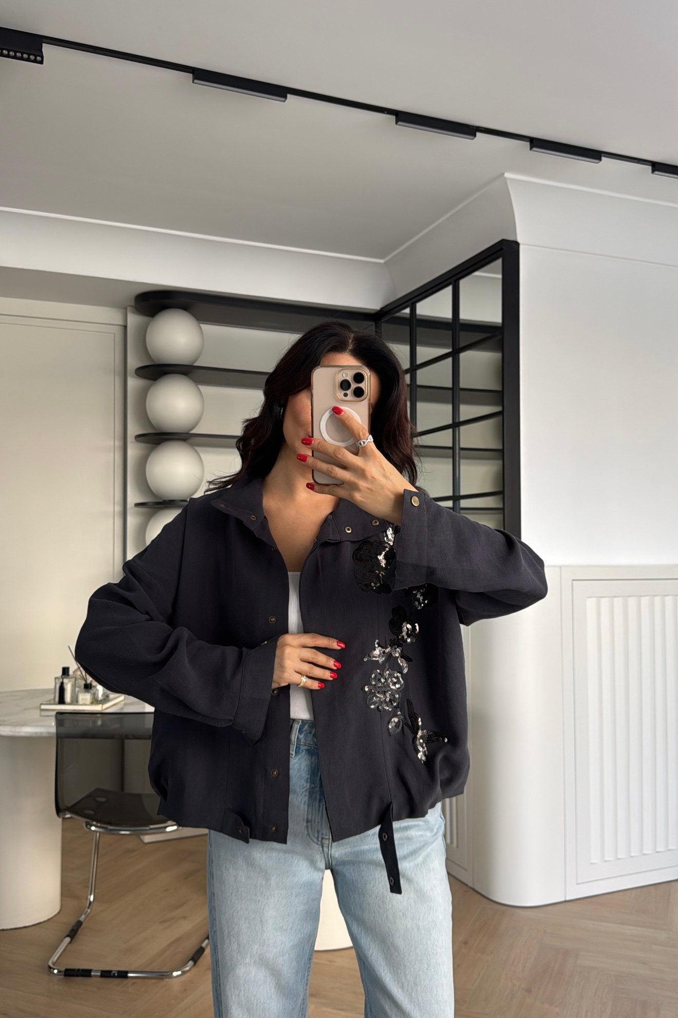 NAKIŞ İŞLEMELİ CEKET ANTRASİT