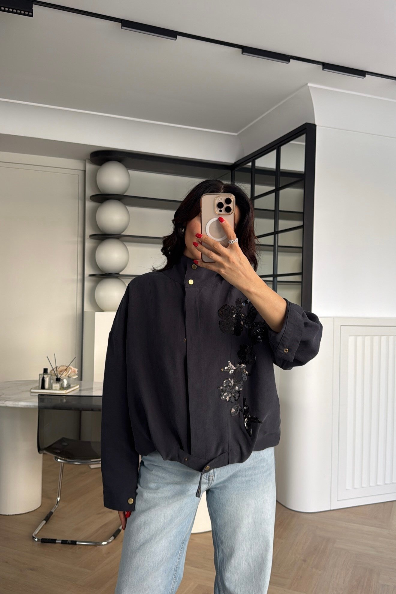 NAKIŞ İŞLEMELİ CEKET ANTRASİT