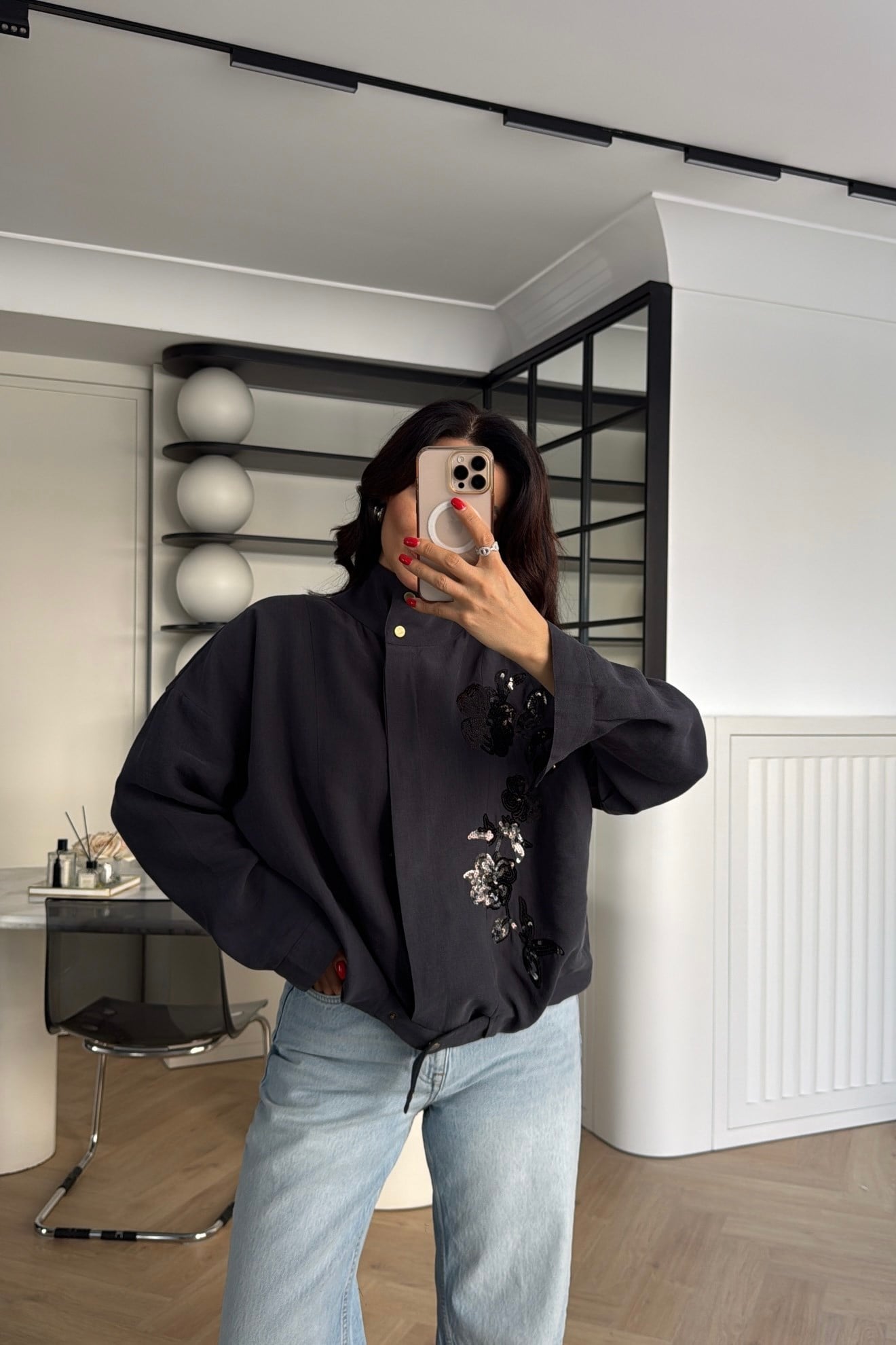 NAKIŞ İŞLEMELİ CEKET ANTRASİT