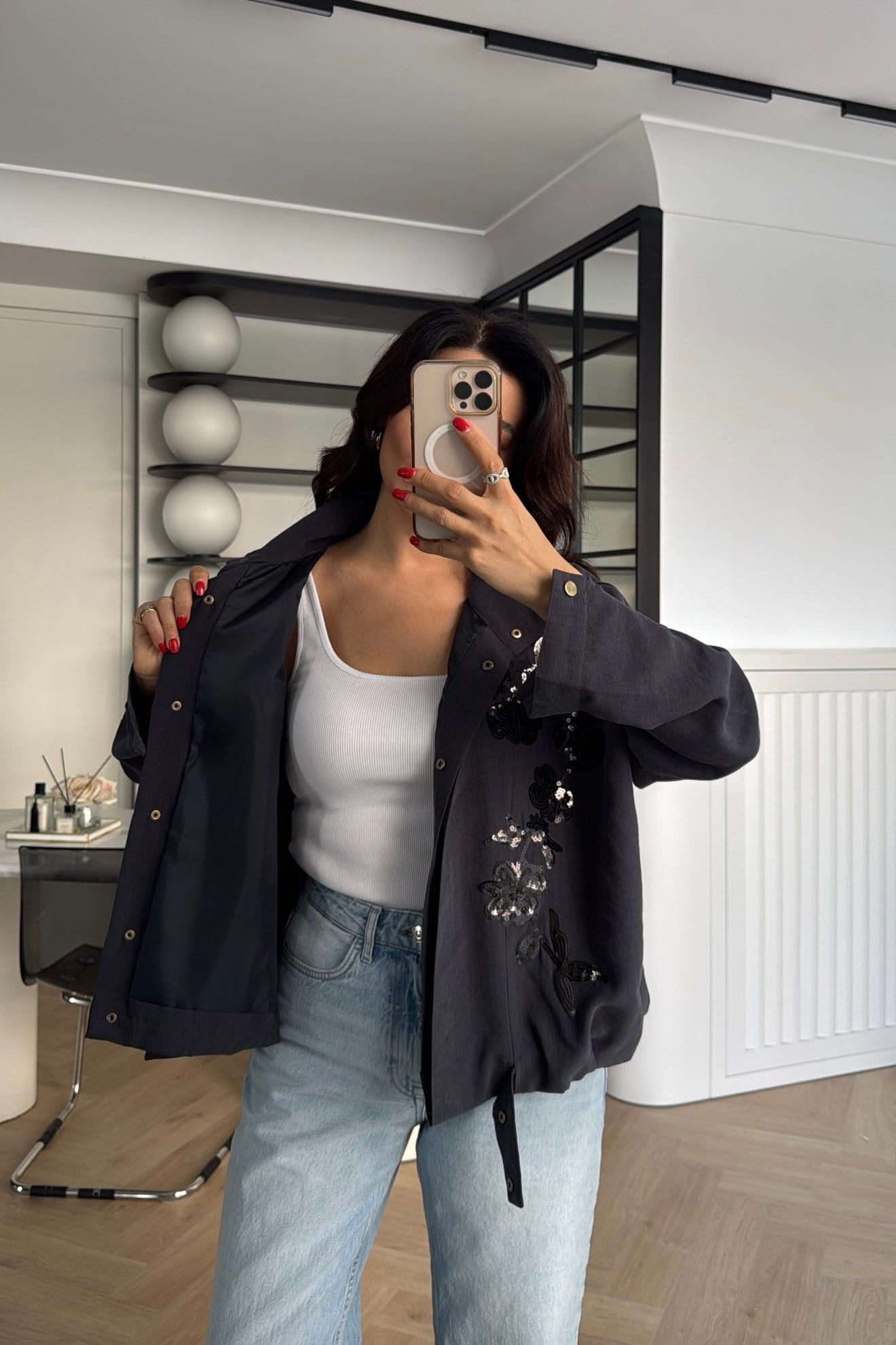 NAKIŞ İŞLEMELİ CEKET ANTRASİT