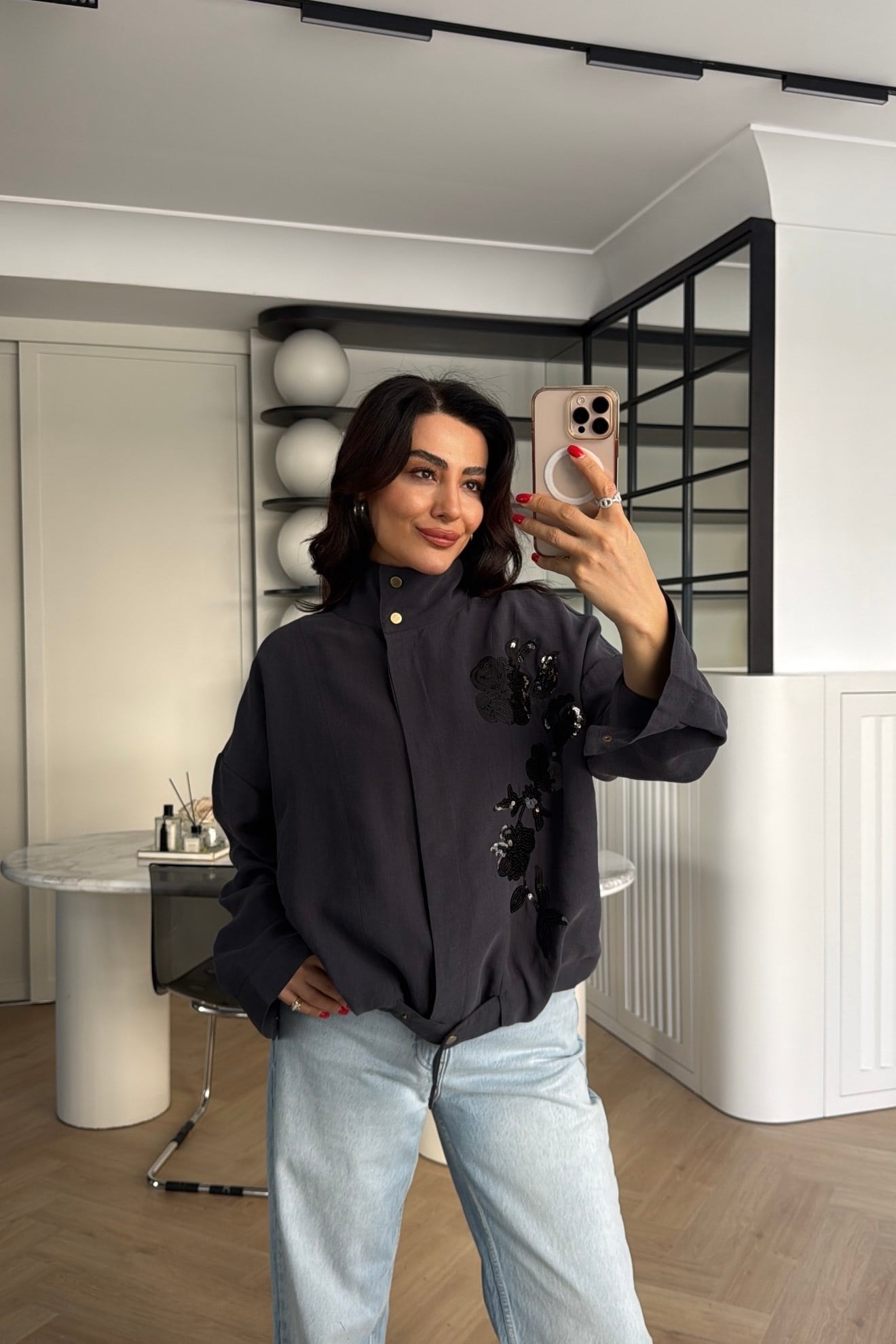 NAKIŞ İŞLEMELİ CEKET ANTRASİT