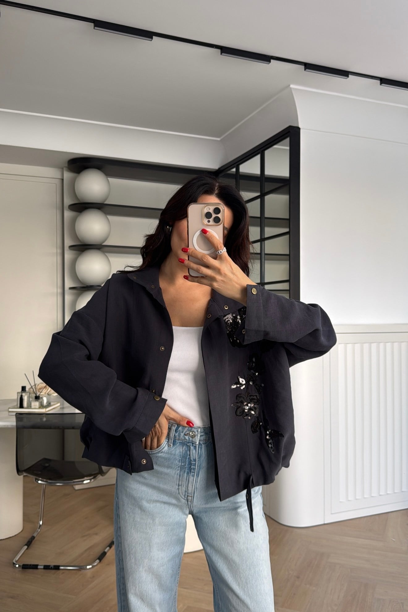 NAKIŞ İŞLEMELİ CEKET ANTRASİT