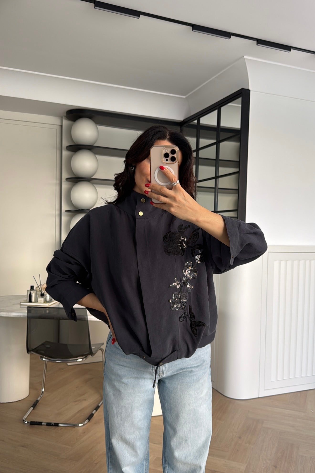 NAKIŞ İŞLEMELİ CEKET ANTRASİT