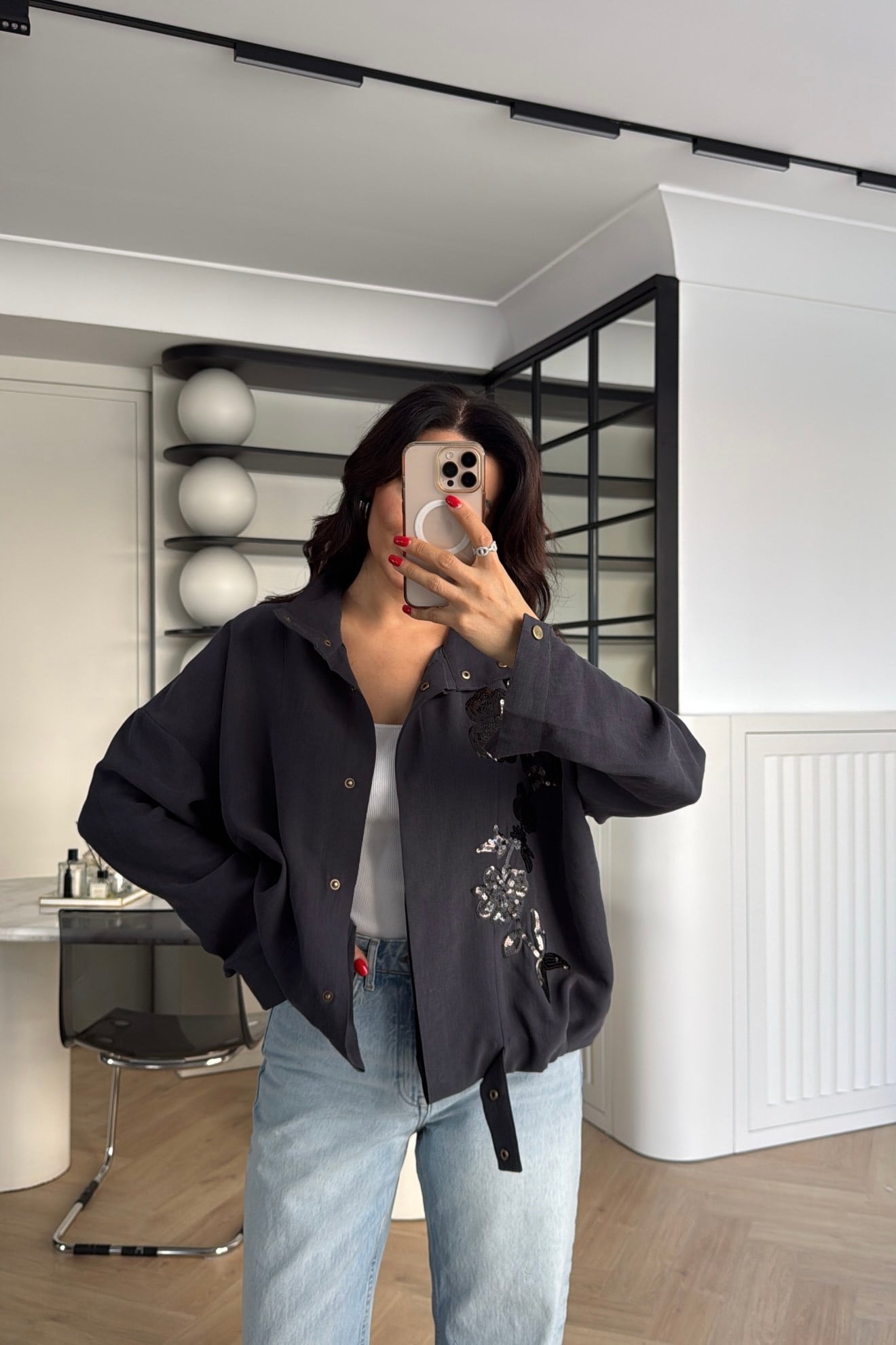 NAKIŞ İŞLEMELİ CEKET ANTRASİT