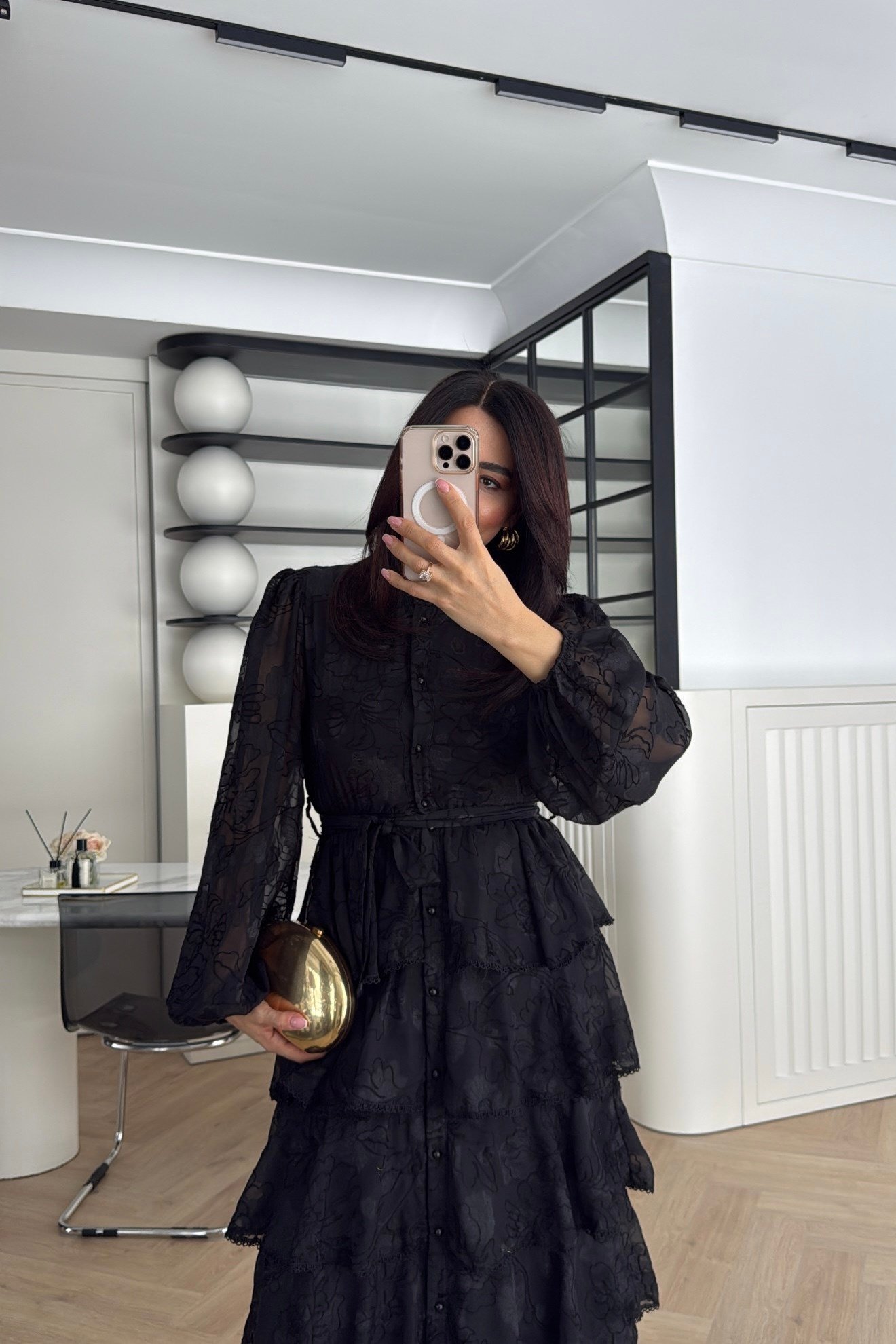 NAKIŞLI ETEĞİ KAT KAT ŞİFON SİYAH