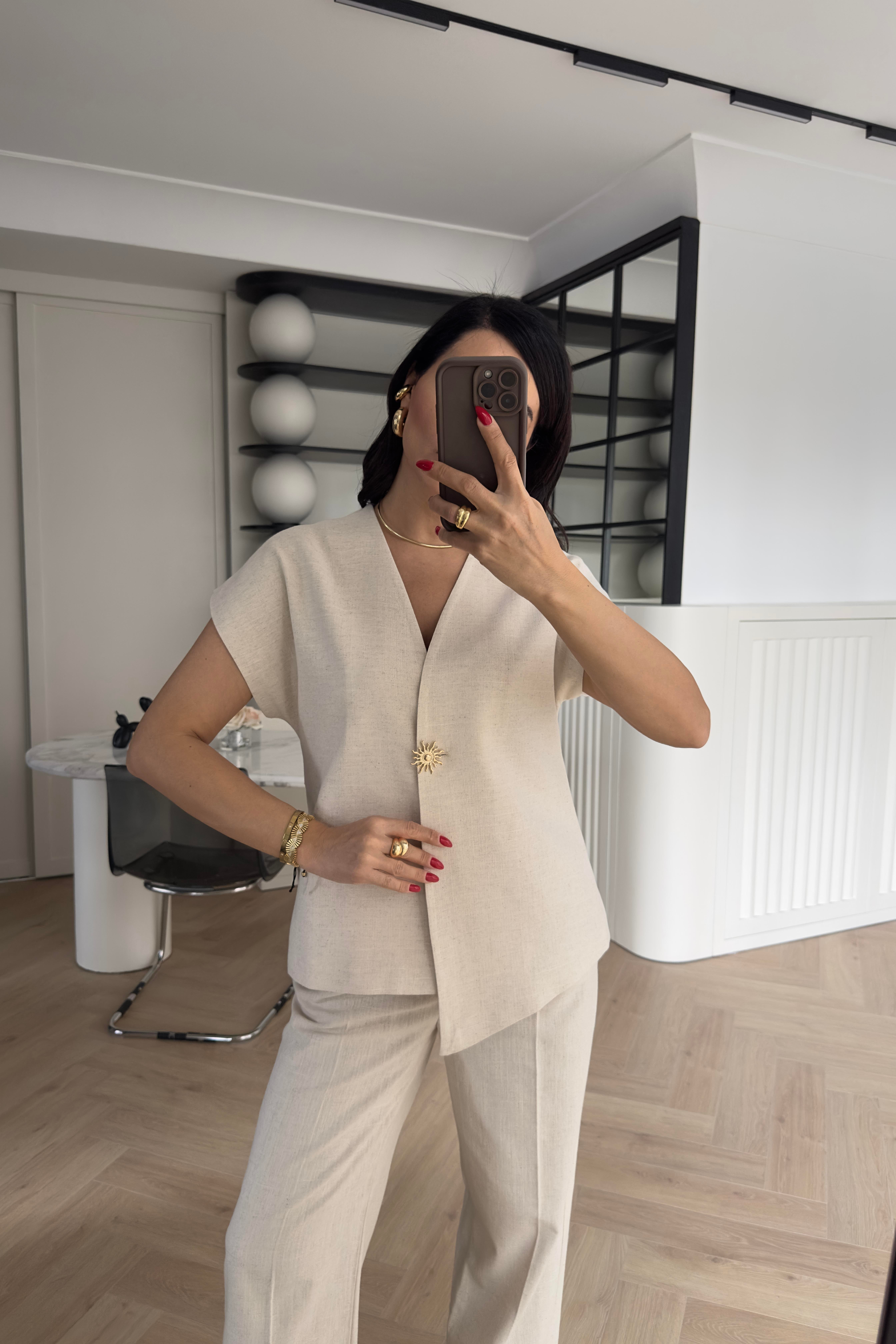 Naturel Renk Güneş Düğmeli Keten Yelek Pantolon Takım