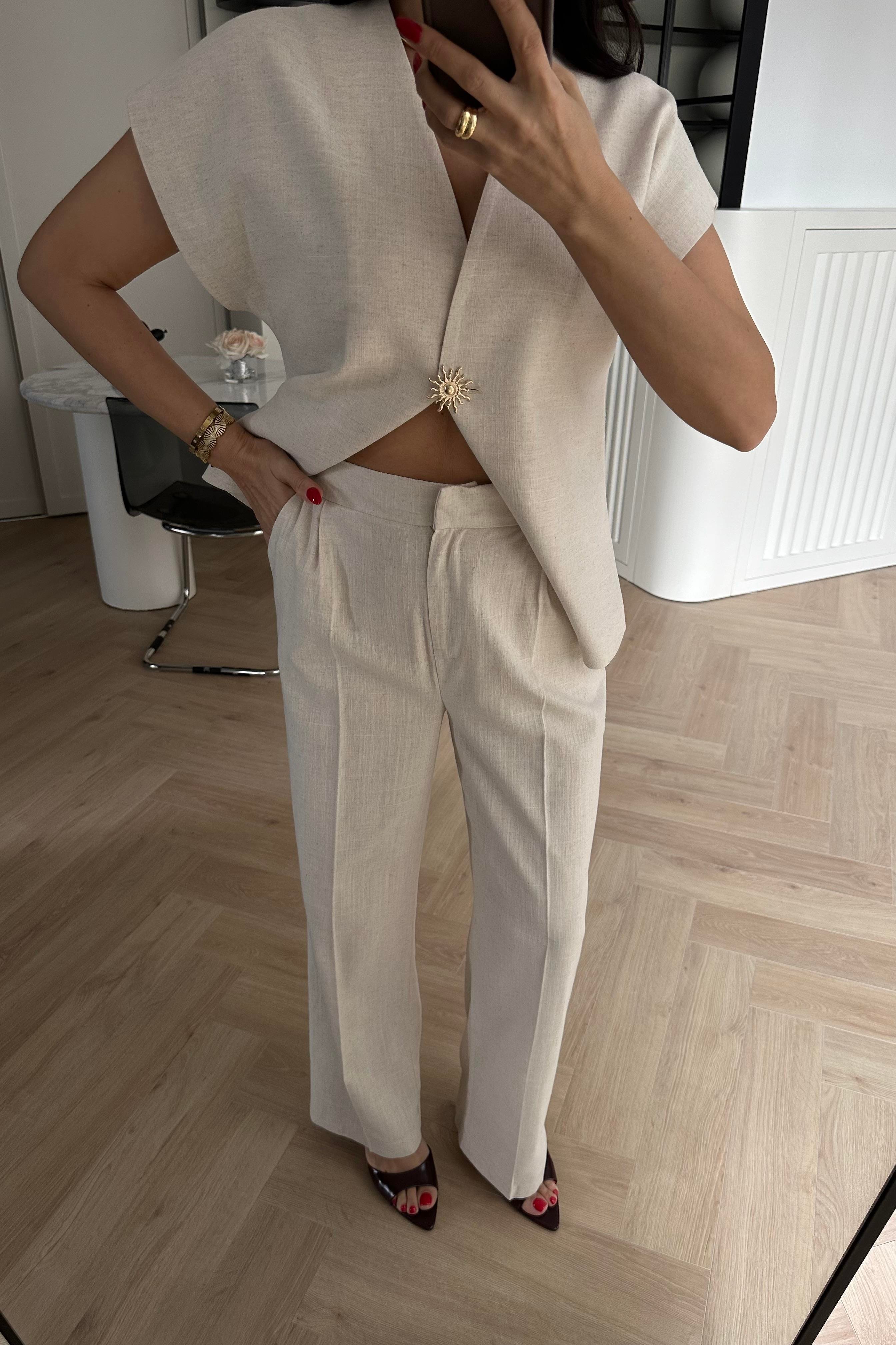 Naturel Renk Güneş Düğmeli Keten Yelek Pantolon Takım