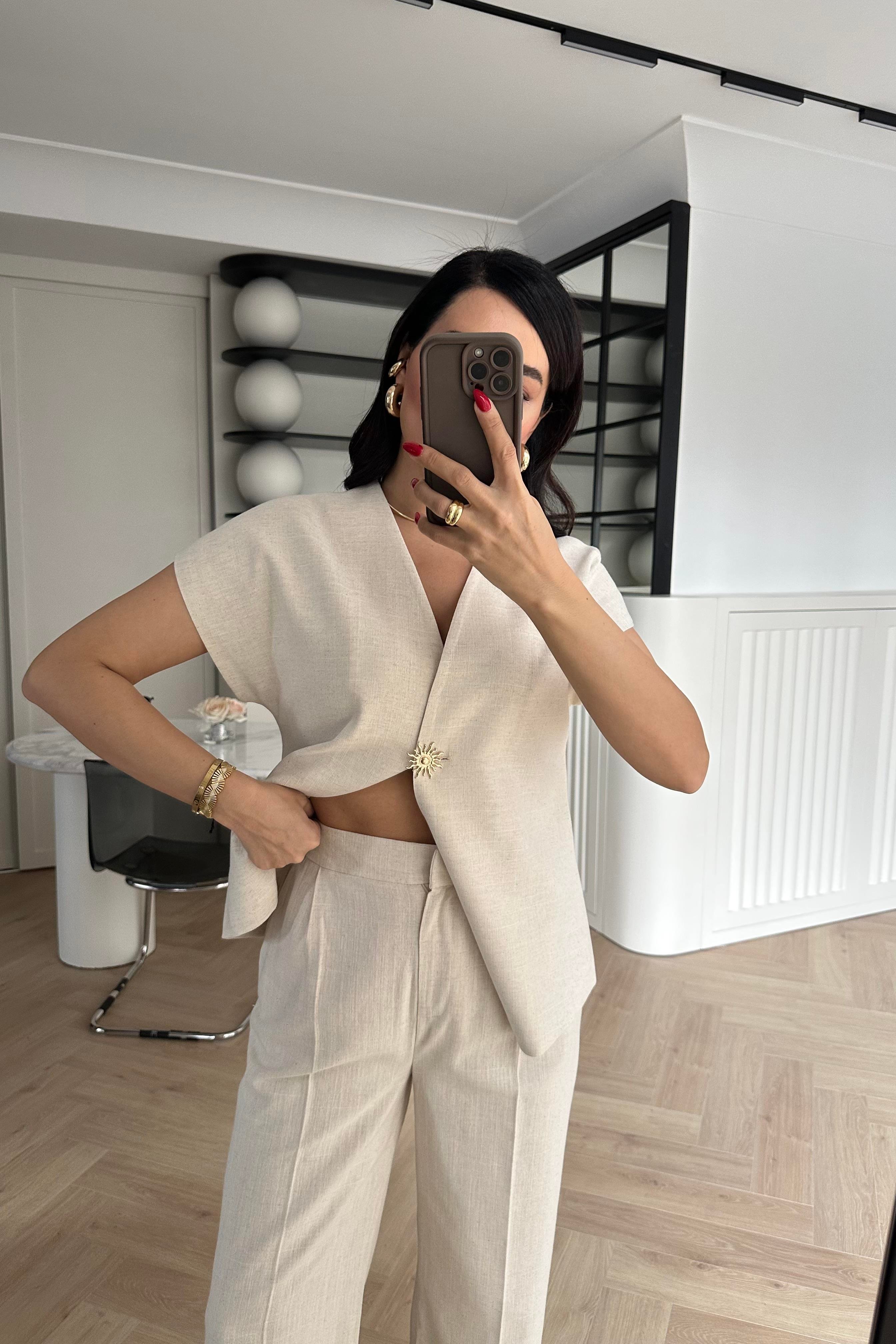 Naturel Renk Güneş Düğmeli Keten Yelek Pantolon Takım