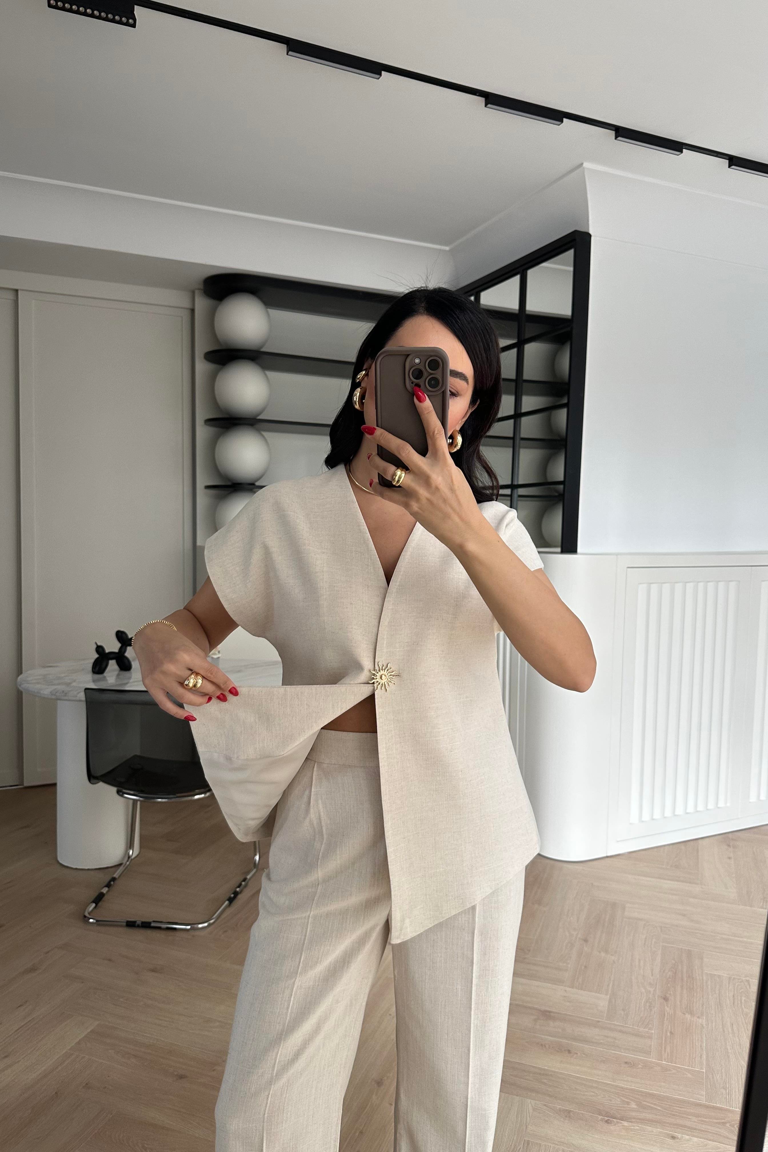 Naturel Renk Güneş Düğmeli Keten Yelek Pantolon Takım