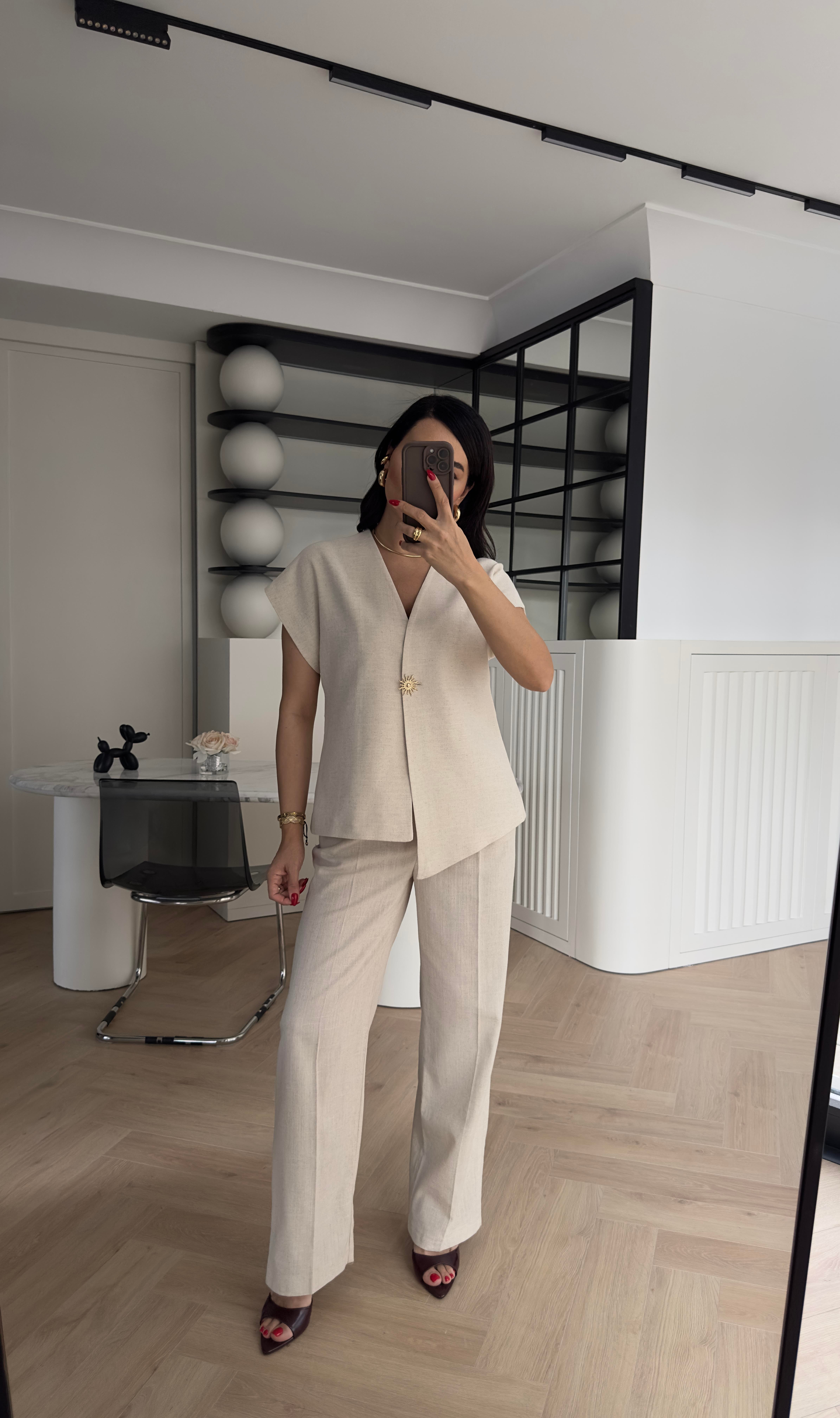 Naturel Renk Güneş Düğmeli Keten Yelek Pantolon Takım
