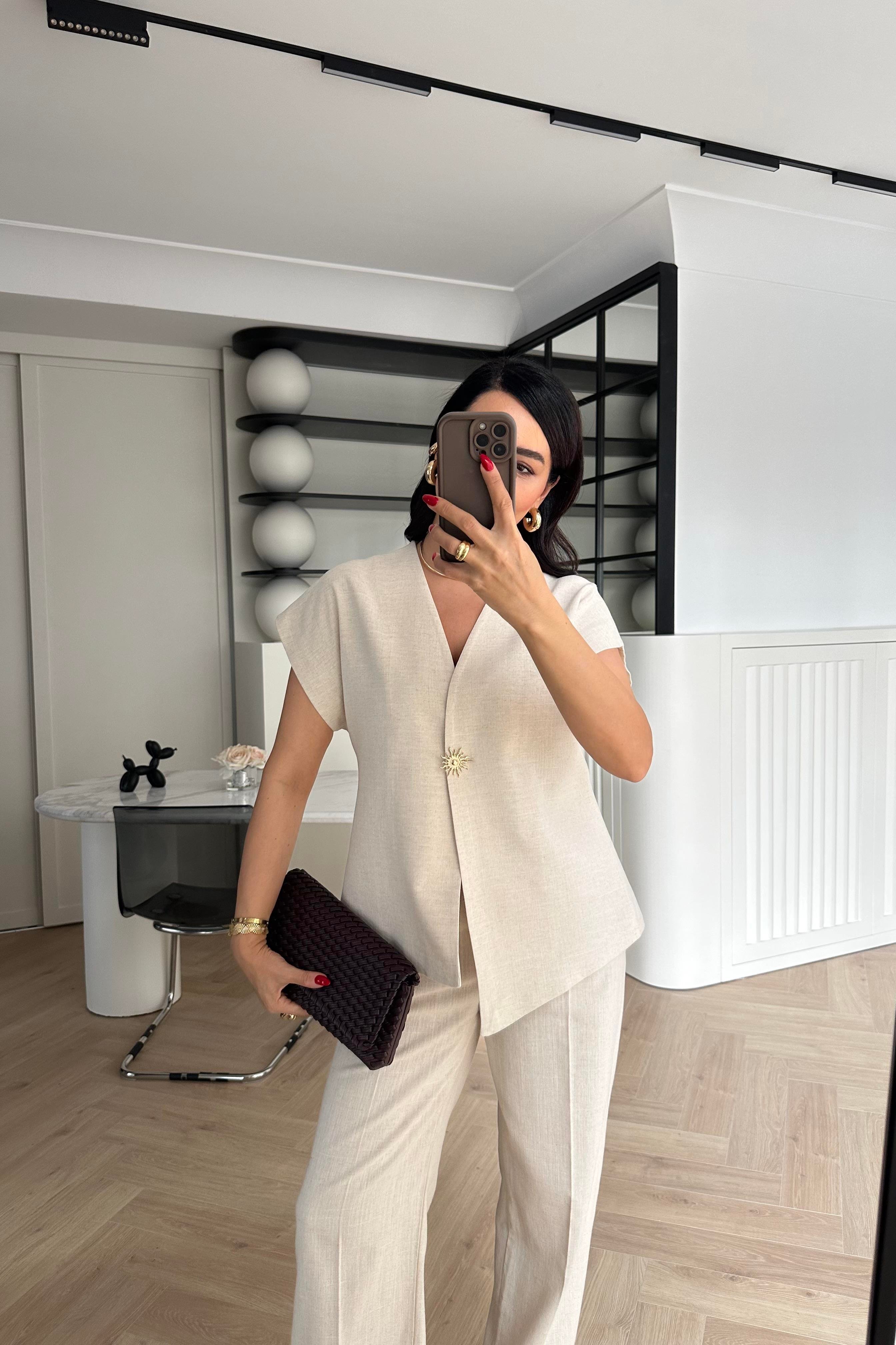 Naturel Renk Güneş Düğmeli Keten Yelek Pantolon Takım