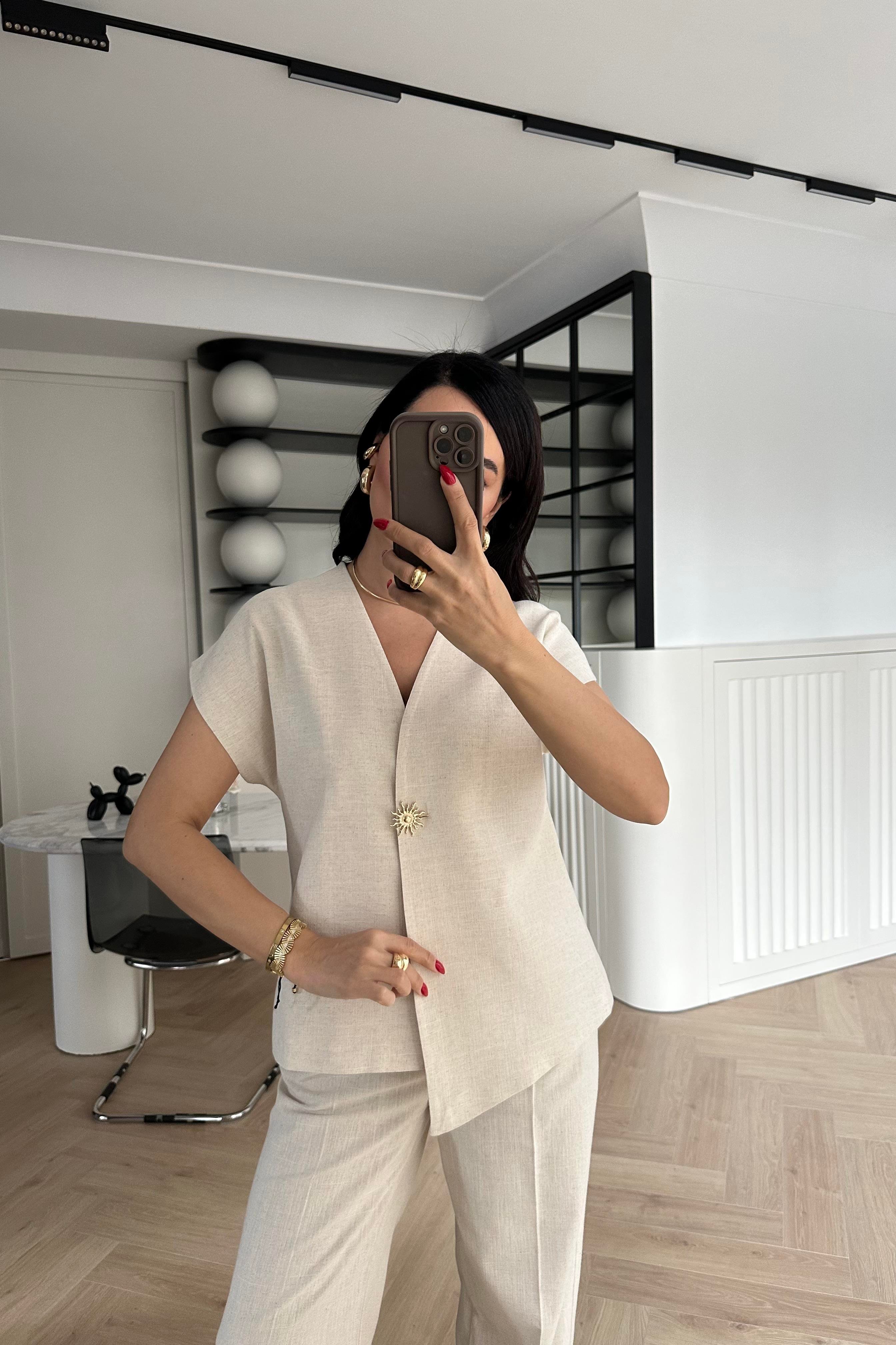 Naturel Renk Güneş Düğmeli Keten Yelek Pantolon Takım