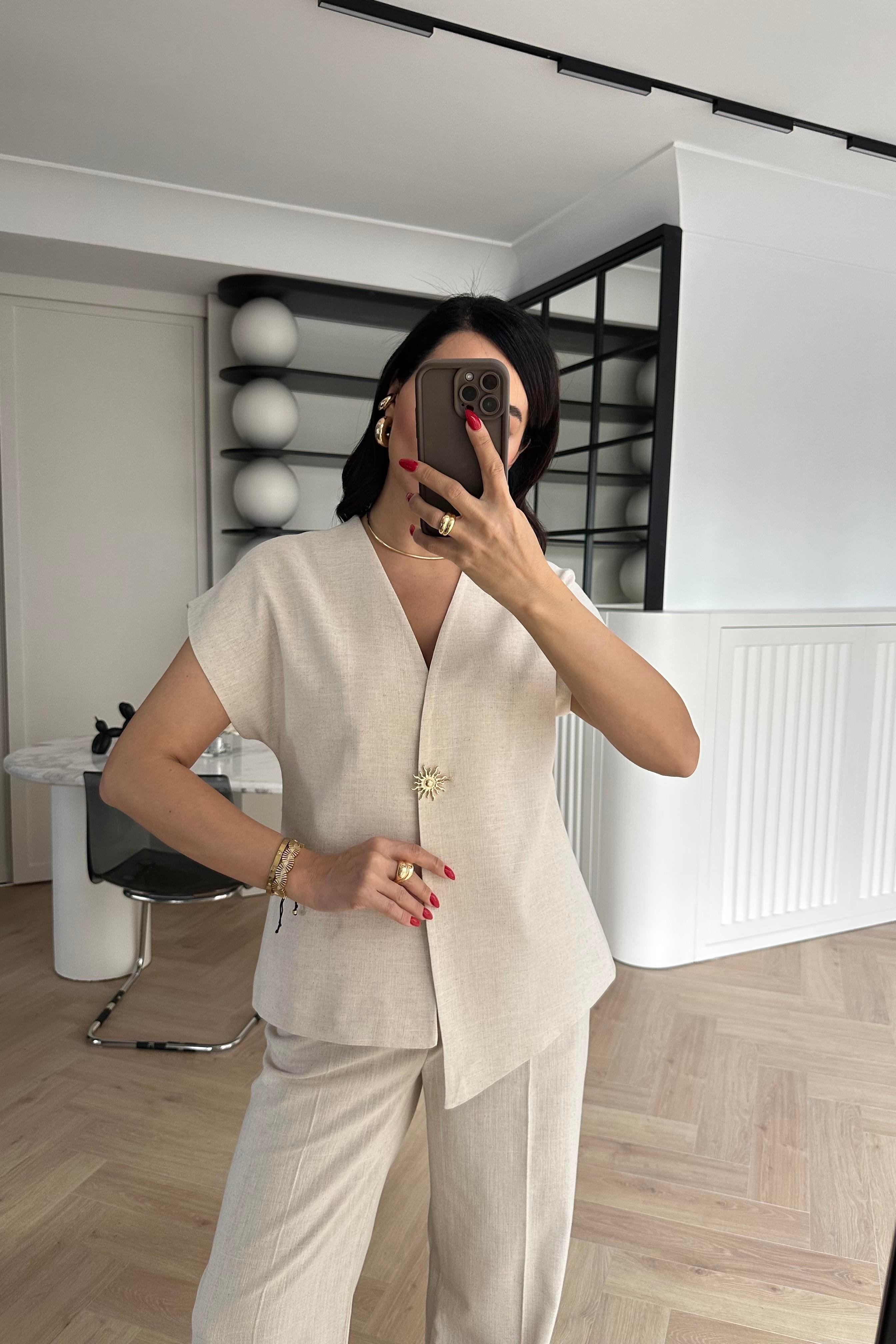 Naturel Renk Güneş Düğmeli Keten Yelek Pantolon Takım
