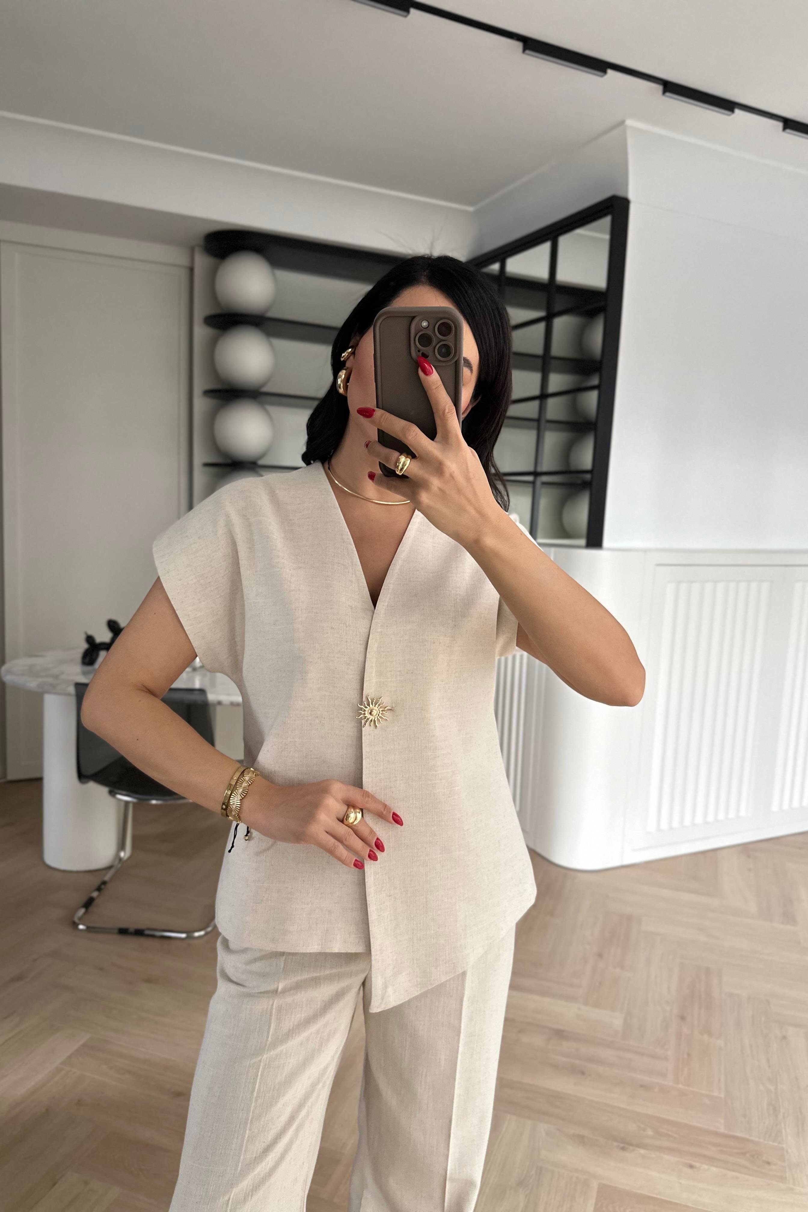 Naturel Renk Güneş Düğmeli Keten Yelek Pantolon Takım