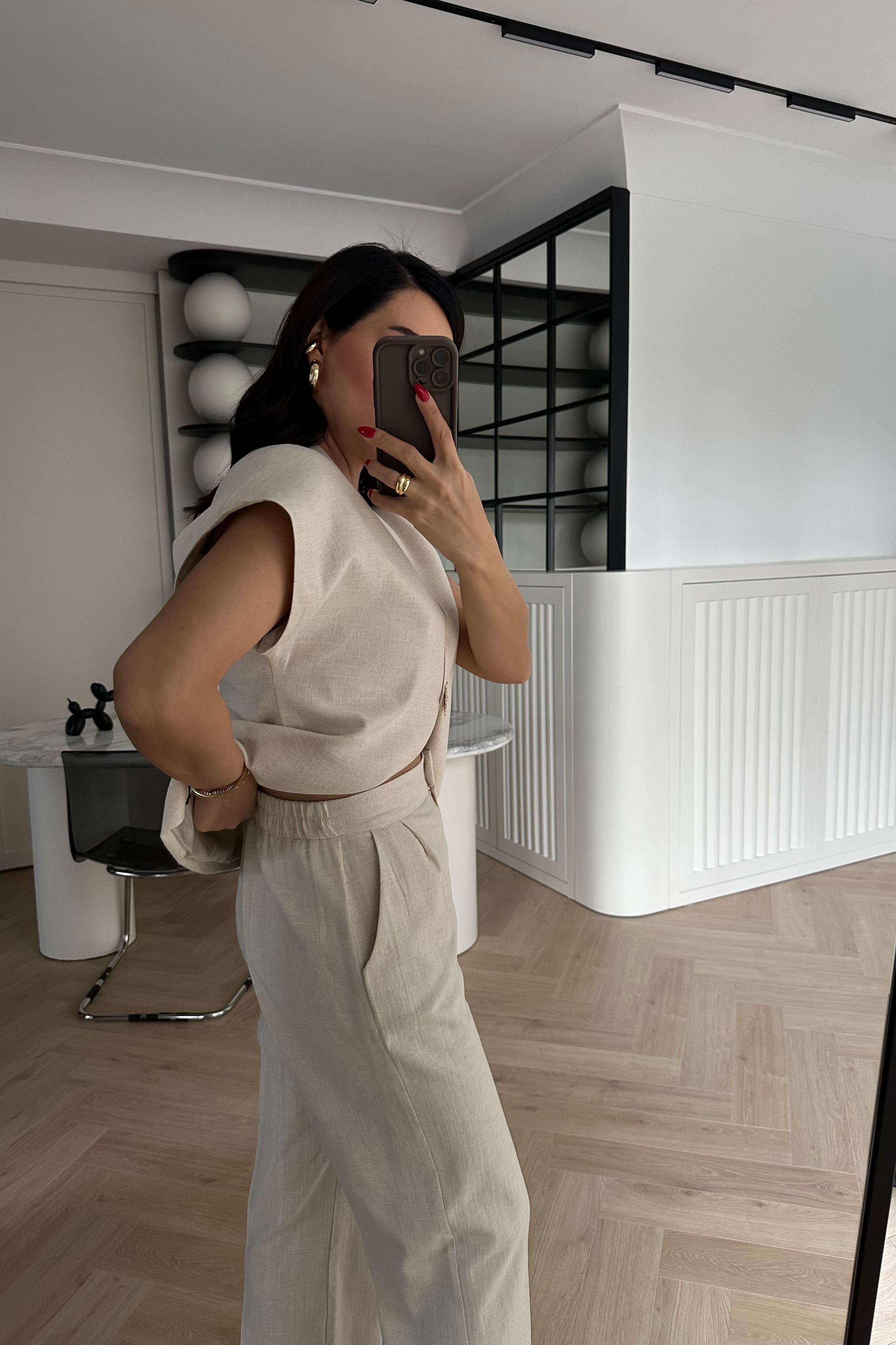 Naturel Renk Güneş Düğmeli Keten Yelek Pantolon Takım